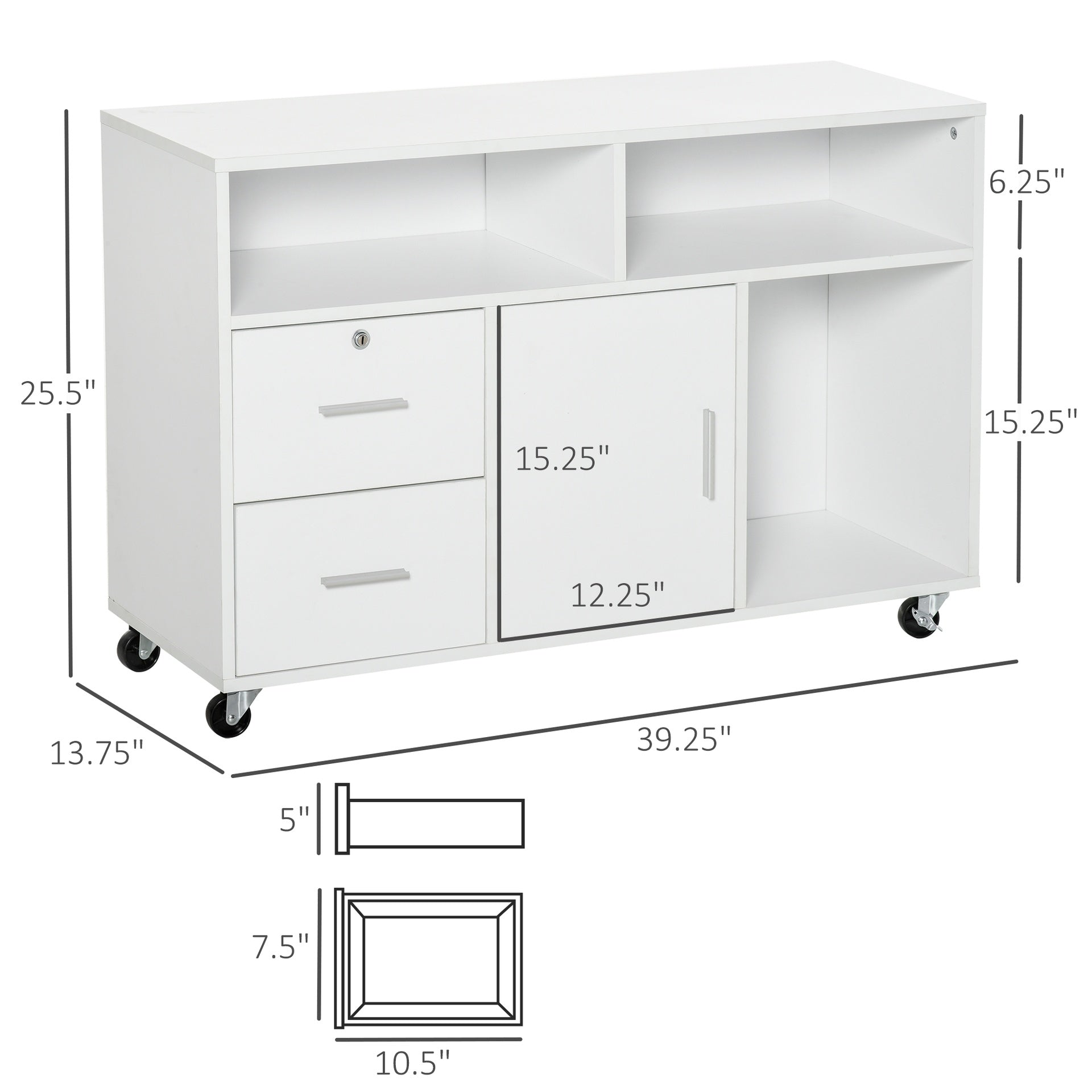 HOMCOM Printer Stand Home Office Mobile Storage Cabinet Organizer Desktop with Caster Wheels, 2 Locking Breaks and Drawer, White