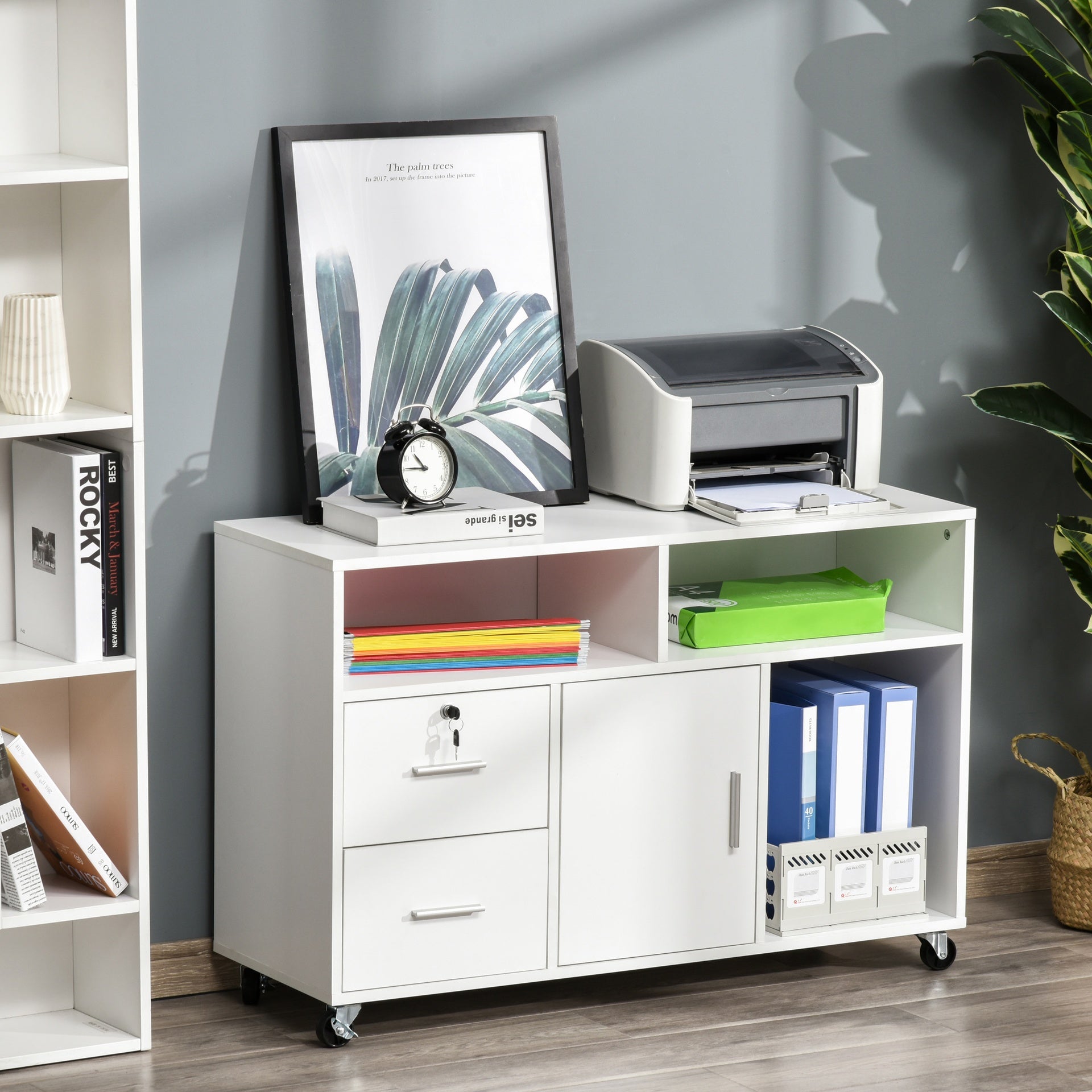 HOMCOM Printer Stand Home Office Mobile Storage Cabinet Organizer Desktop with Caster Wheels, 2 Locking Breaks and Drawer, White