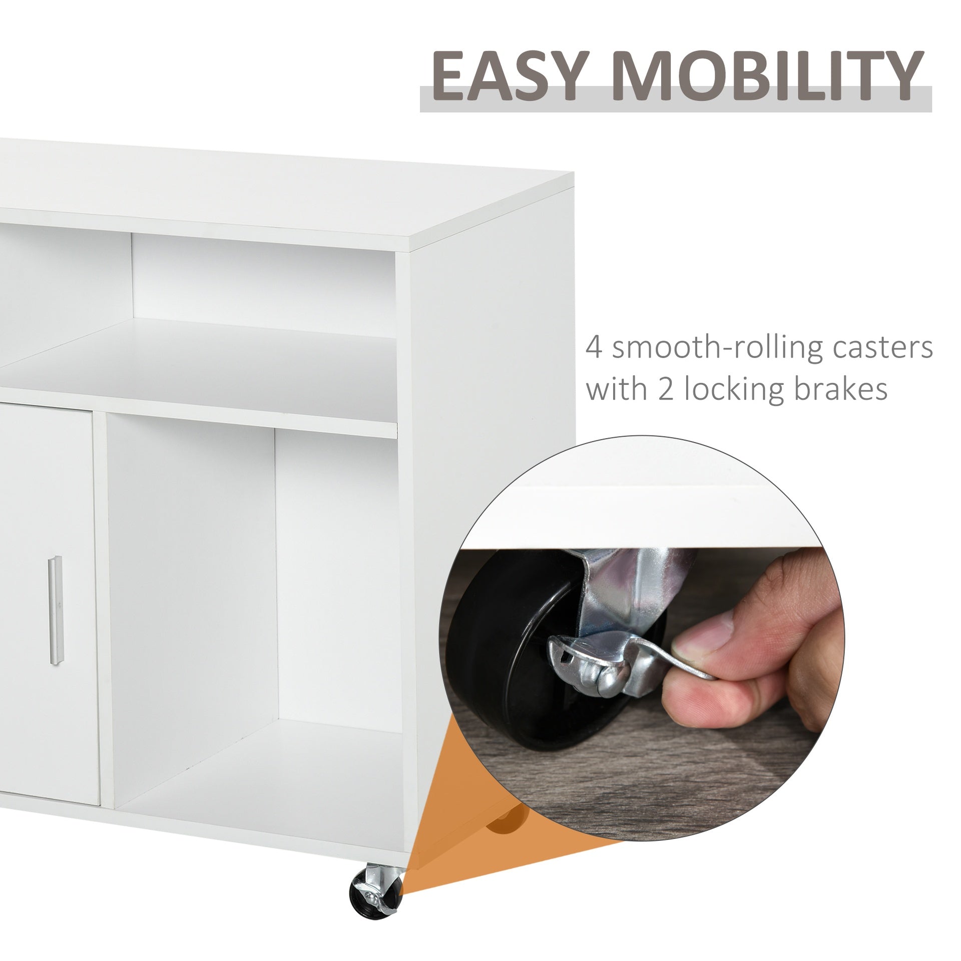 HOMCOM Printer Stand Home Office Mobile Storage Cabinet Organizer Desktop with Caster Wheels, 2 Locking Breaks and Drawer, White