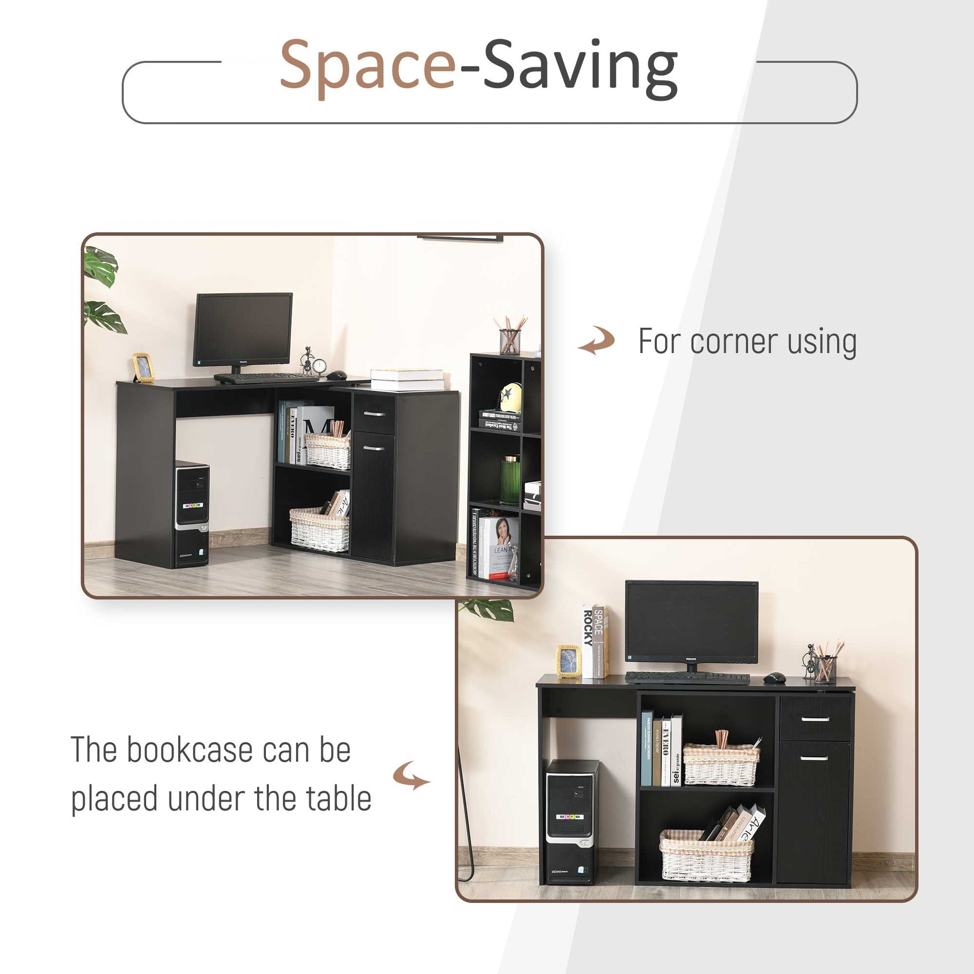 HOMCOM L Shaped Computer Desk, 180° Rotating Corner Desk with Storage Shelves, Drawer and Cabinet, Study Workstation for Home Office, Black