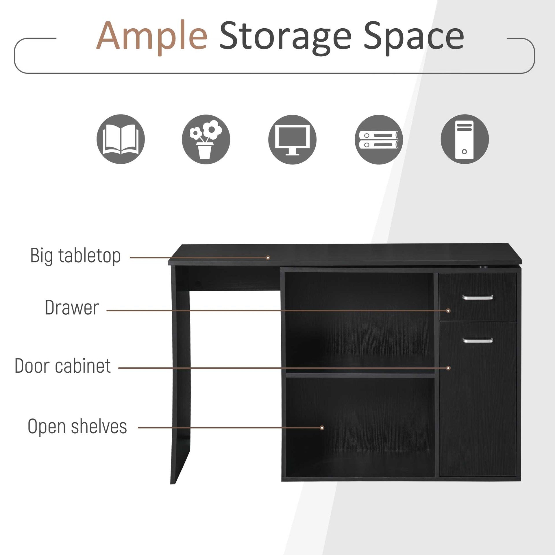 HOMCOM L Shaped Computer Desk, 180° Rotating Corner Desk with Storage Shelves, Drawer and Cabinet, Study Workstation for Home Office, Black