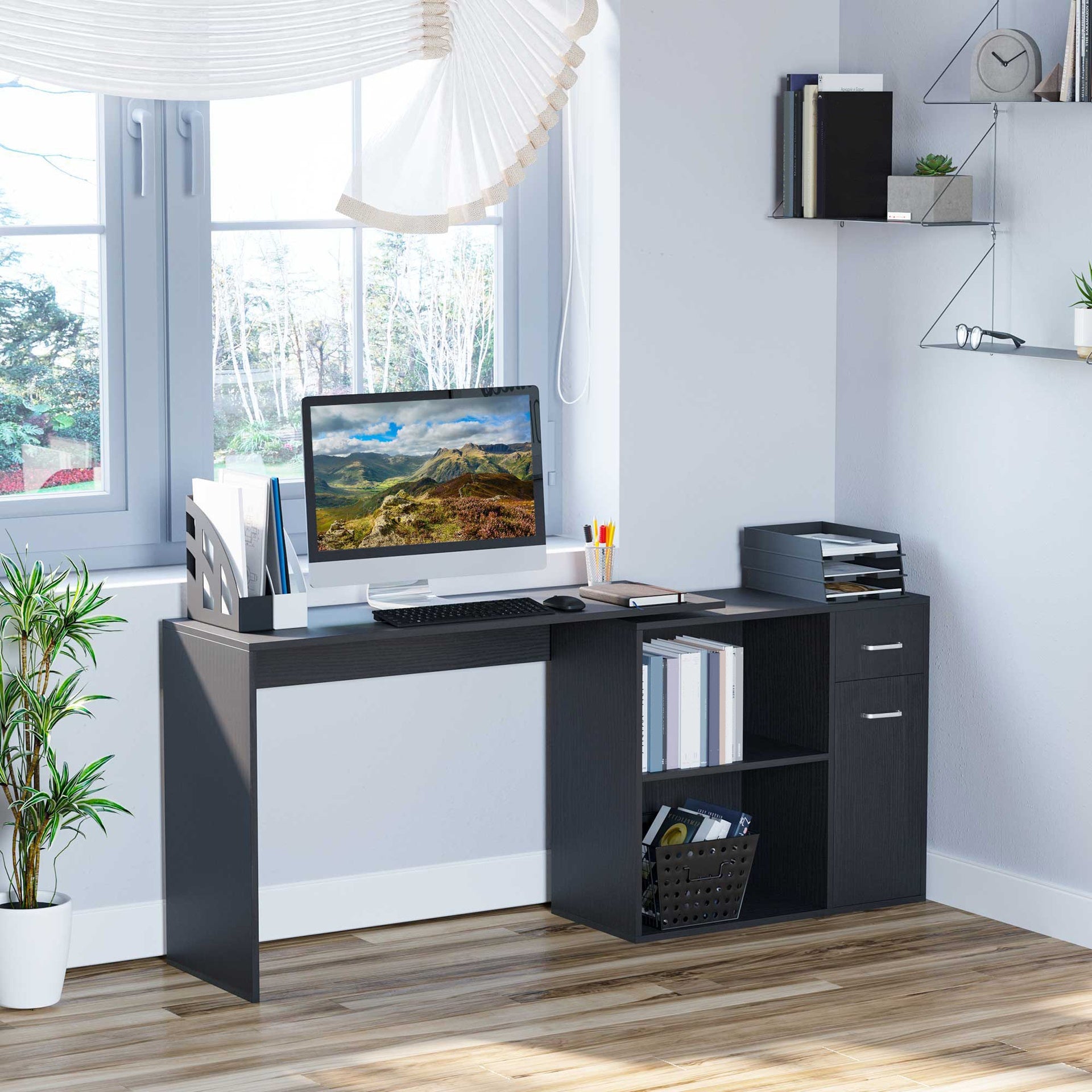 HOMCOM L Shaped Computer Desk, 180° Rotating Corner Desk with Storage Shelves, Drawer and Cabinet, Study Workstation for Home Office, Black