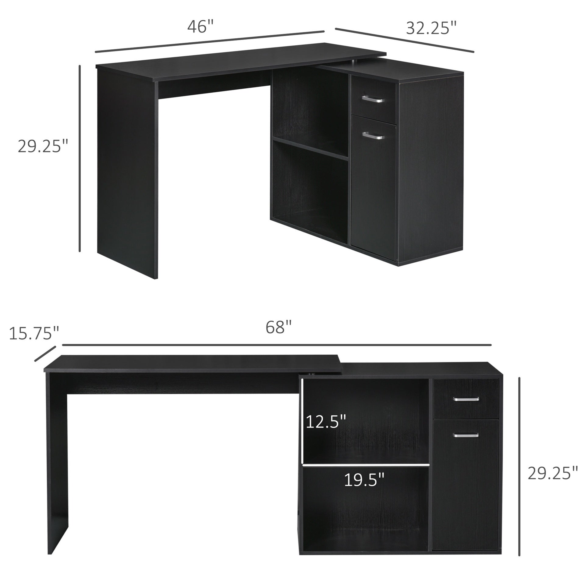 HOMCOM L Shaped Computer Desk, 180° Rotating Corner Desk with Storage Shelves, Drawer and Cabinet, Study Workstation for Home Office, Black