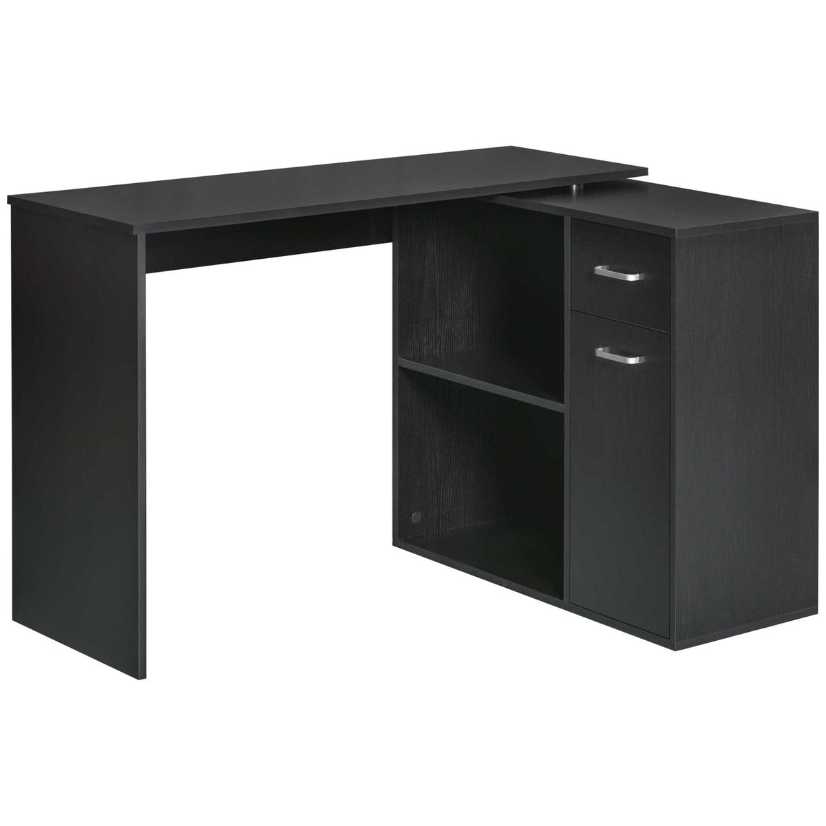 HOMCOM L Shaped Computer Desk, 180° Rotating Corner Desk with Storage Shelves, Drawer and Cabinet, Study Workstation for Home Office, Black