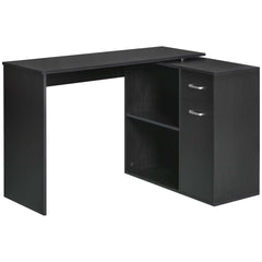 HOMCOM L Shaped Computer Desk, 180° Rotating Corner Desk with Storage Shelves, Drawer and Cabinet, Study Workstation for Home Office, Black