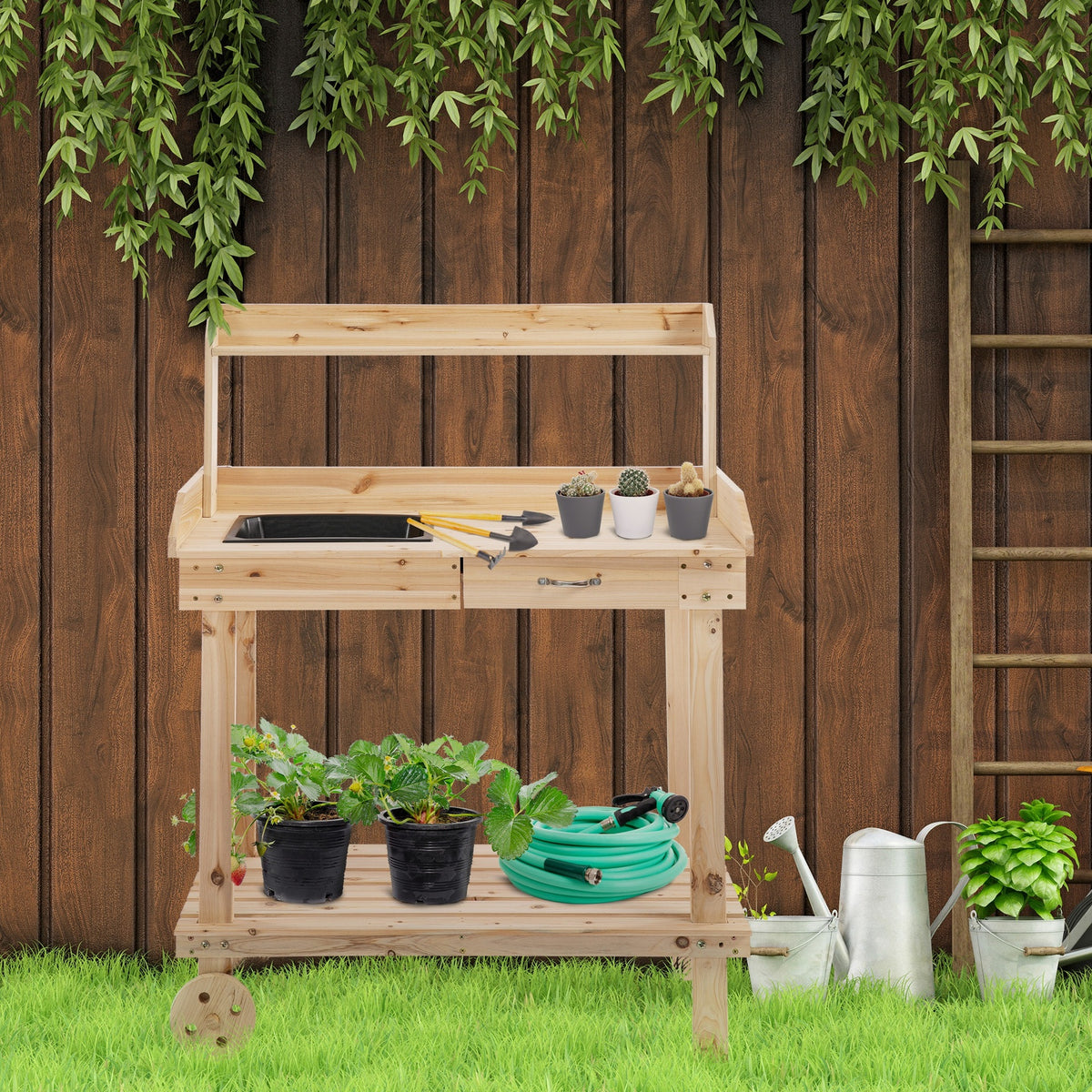 Outsunny 36" Wooden Potting Bench Work Table with 2 Removable Wheels, Garden Workstation with Removable Sink, Drawer & Large Storage Spaces, Natural