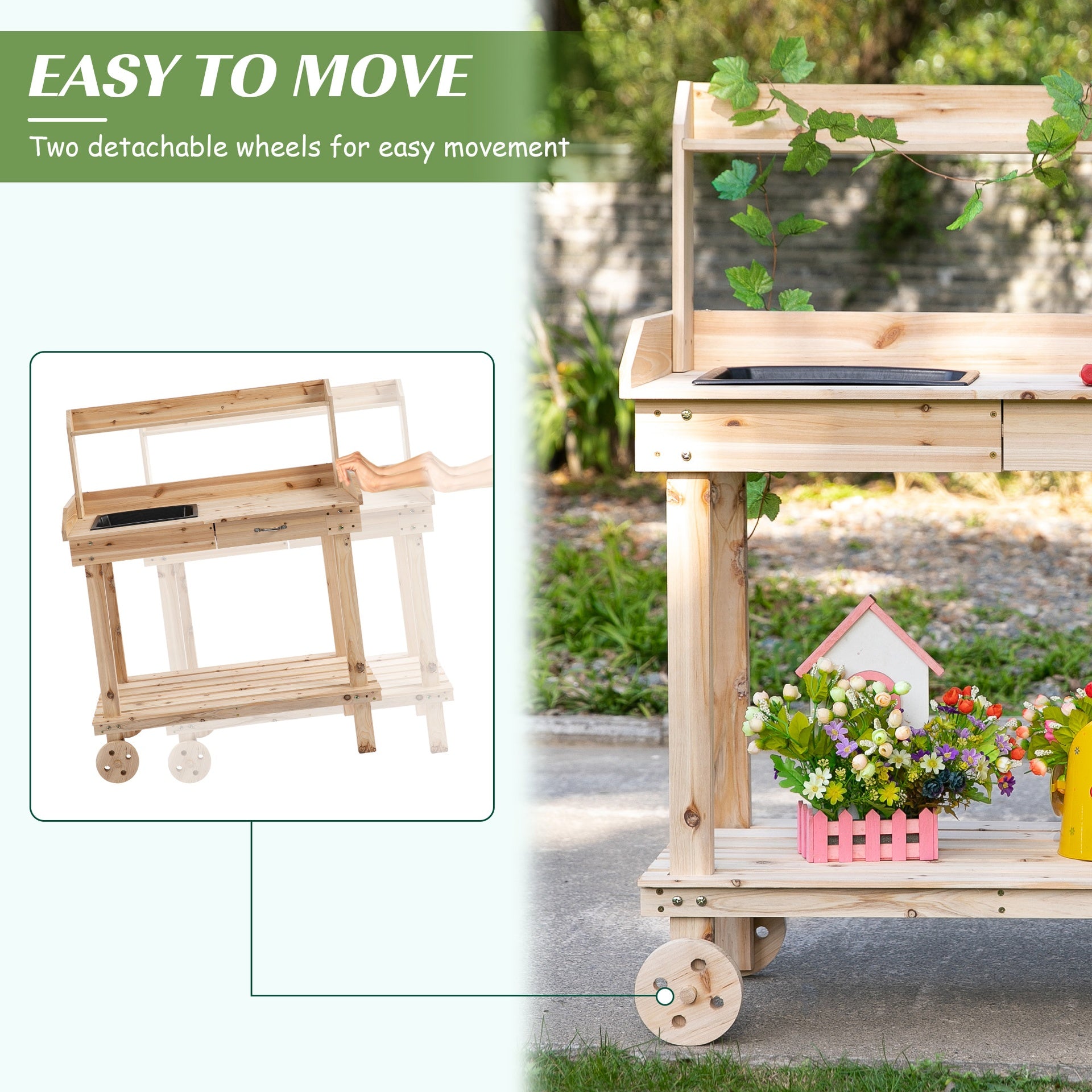 Outsunny 36" Wooden Potting Bench Work Table with 2 Removable Wheels, Garden Workstation with Removable Sink, Drawer & Large Storage Spaces, Natural