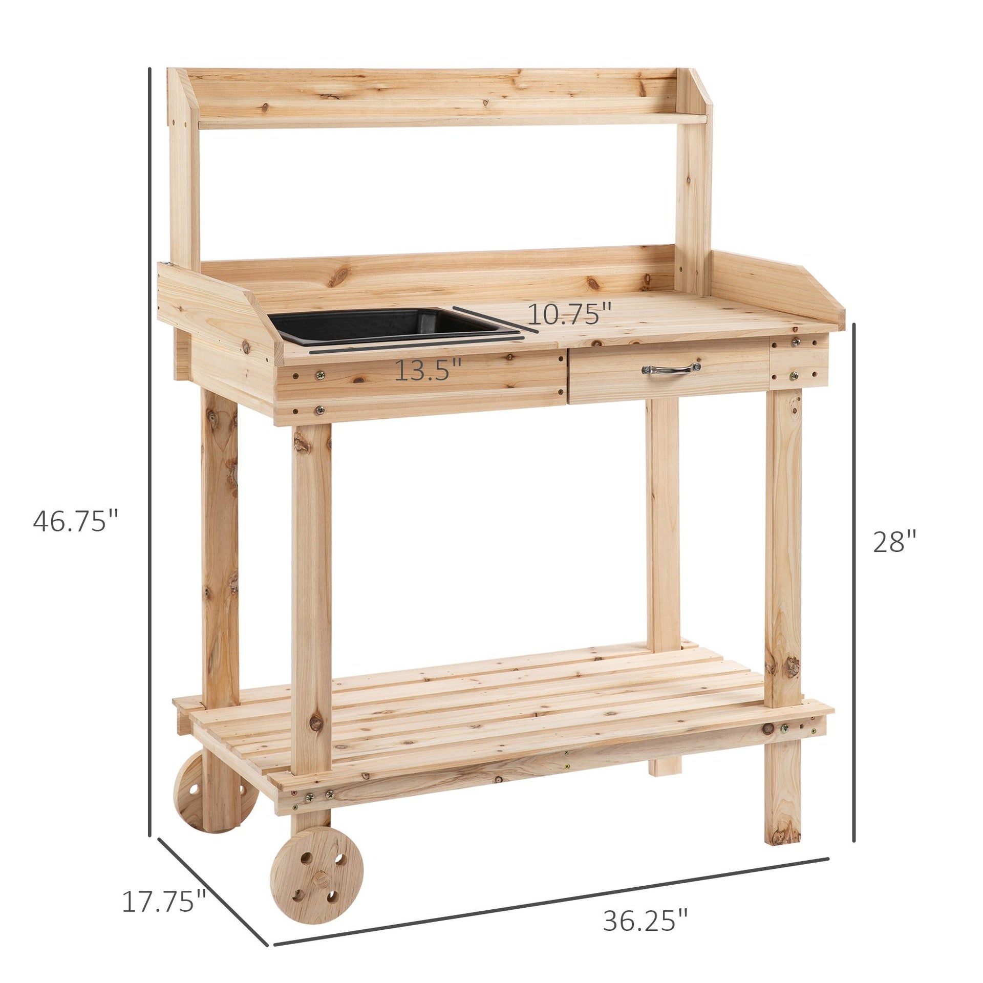 Outsunny 36" Wooden Potting Bench Work Table with 2 Removable Wheels, Garden Workstation with Removable Sink, Drawer & Large Storage Spaces, Natural