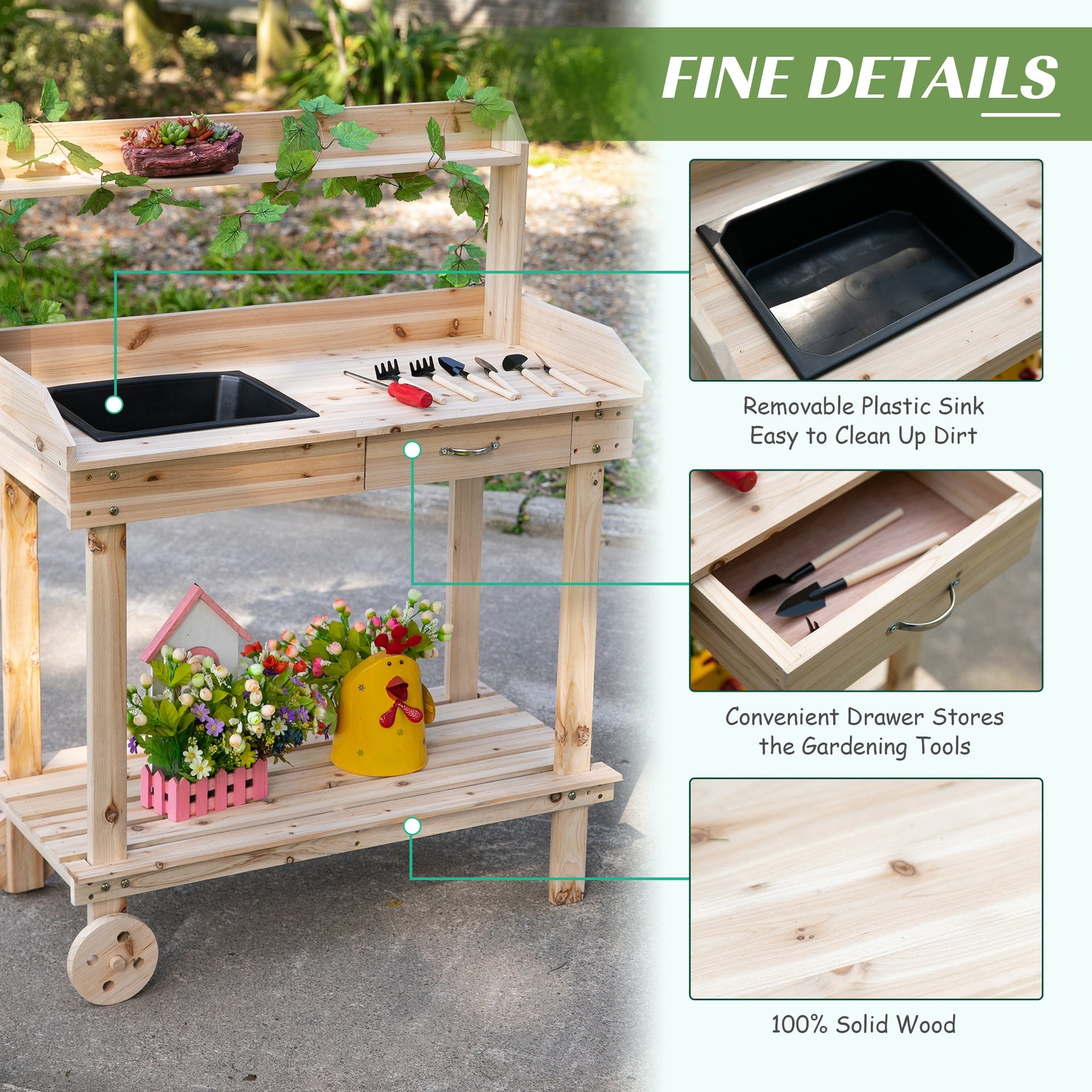 Outsunny 36" Wooden Potting Bench Work Table with 2 Removable Wheels, Garden Workstation with Removable Sink, Drawer & Large Storage Spaces, Natural