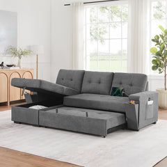 Toby 95-inch Gray Woven Fabric Reversible Sleeper Sectional Sofa with Storage Chaise – L-Shaped Pull-Out Bed, Cup Holders, USB/USB-C Ports, Pocket Coil Seating & Space-Saving Design