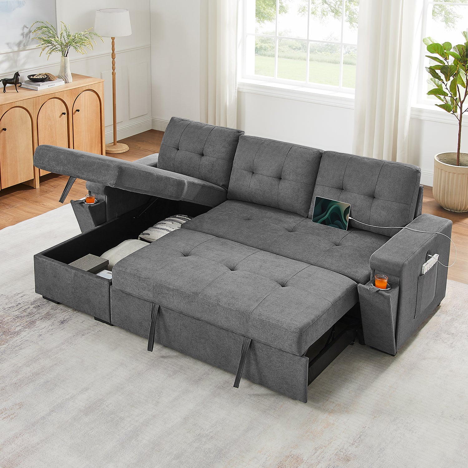 Toby 95-inch Gray Woven Fabric Reversible Sleeper Sectional Sofa with Storage Chaise – L-Shaped Pull-Out Bed, Cup Holders, USB/USB-C Ports, Pocket Coil Seating & Space-Saving Design