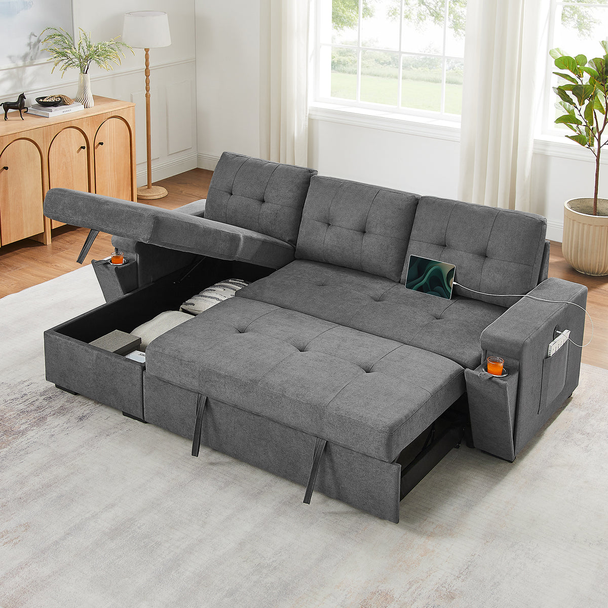 Toby 95-inch Gray Woven Fabric Reversible Sleeper Sectional Sofa with Storage Chaise – L-Shaped Pull-Out Bed, Cup Holders, USB/USB-C Ports, Pocket Coil Seating & Space-Saving Design