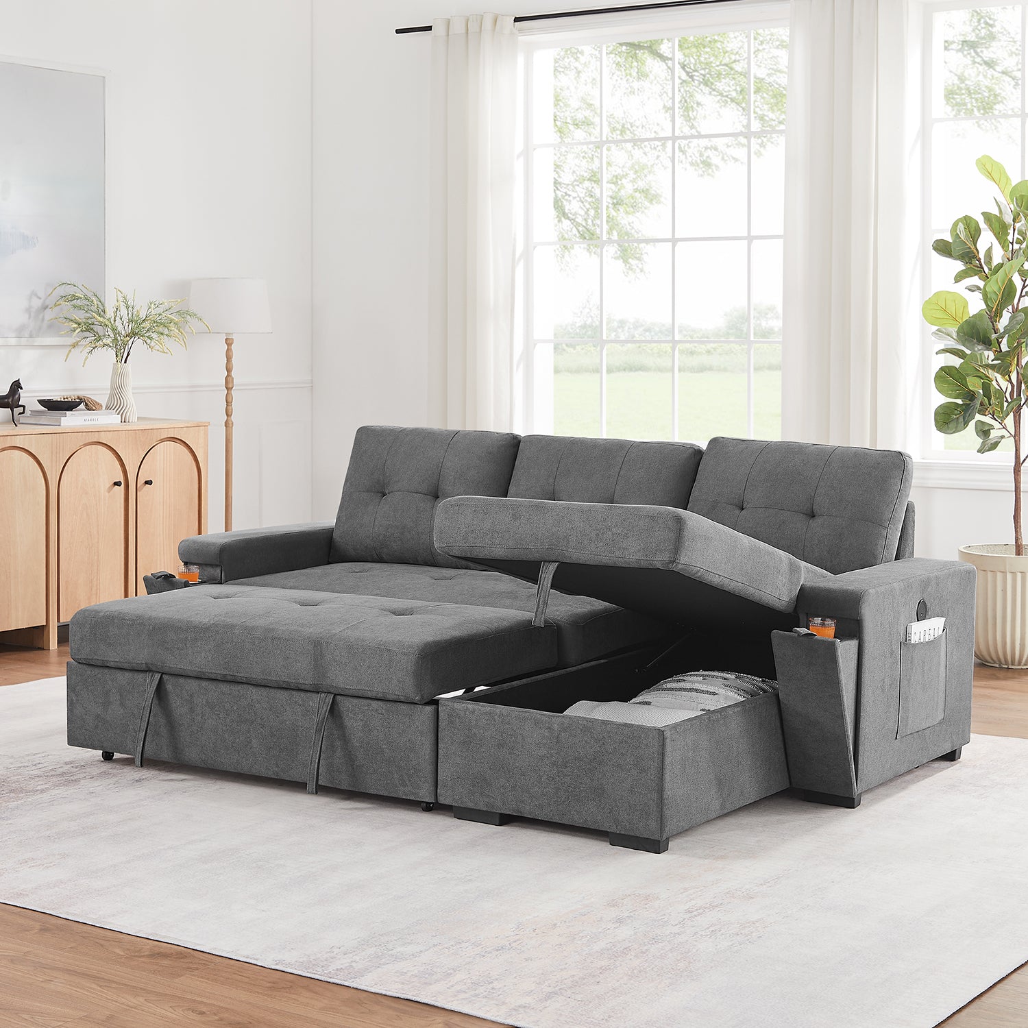 Toby 95-inch Gray Woven Fabric Reversible Sleeper Sectional Sofa with Storage Chaise – L-Shaped Pull-Out Bed, Cup Holders, USB/USB-C Ports, Pocket Coil Seating & Space-Saving Design