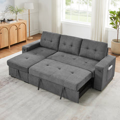 Toby 95-inch Gray Woven Fabric Reversible Sleeper Sectional Sofa with Storage Chaise – L-Shaped Pull-Out Bed, Cup Holders, USB/USB-C Ports, Pocket Coil Seating & Space-Saving Design