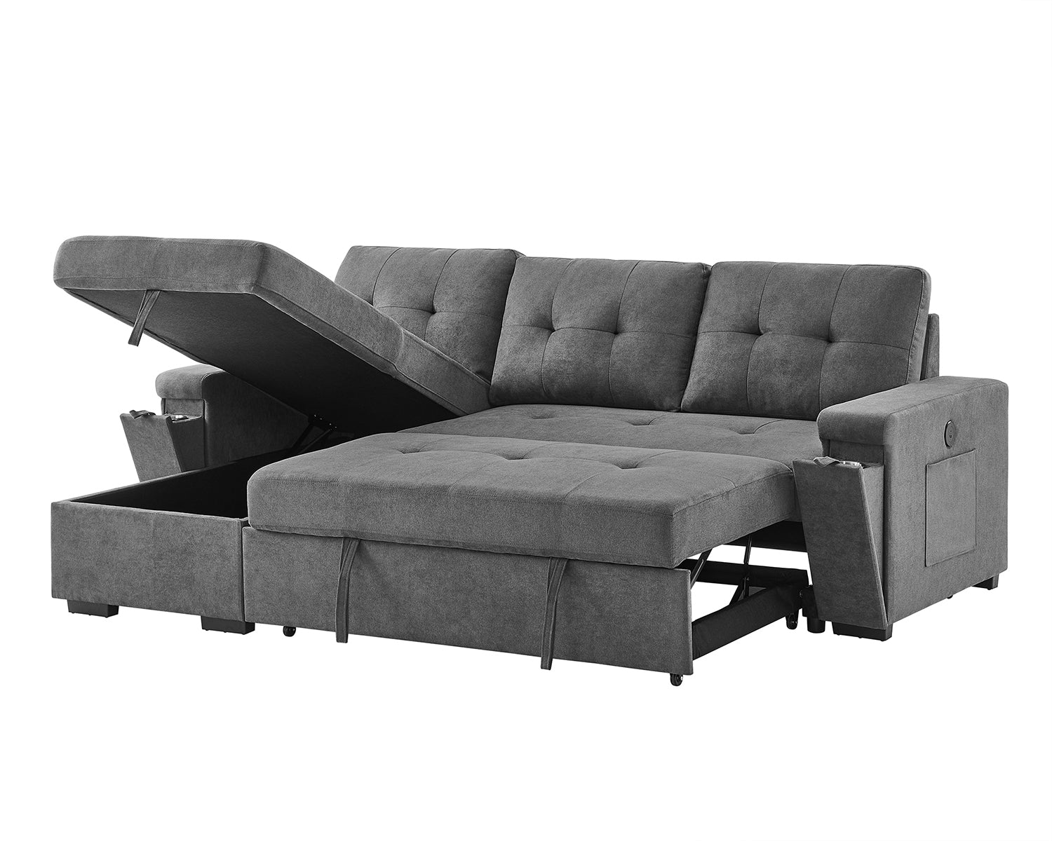 Toby 95-inch Gray Woven Fabric Reversible Sleeper Sectional Sofa with Storage Chaise – L-Shaped Pull-Out Bed, Cup Holders, USB/USB-C Ports, Pocket Coil Seating & Space-Saving Design