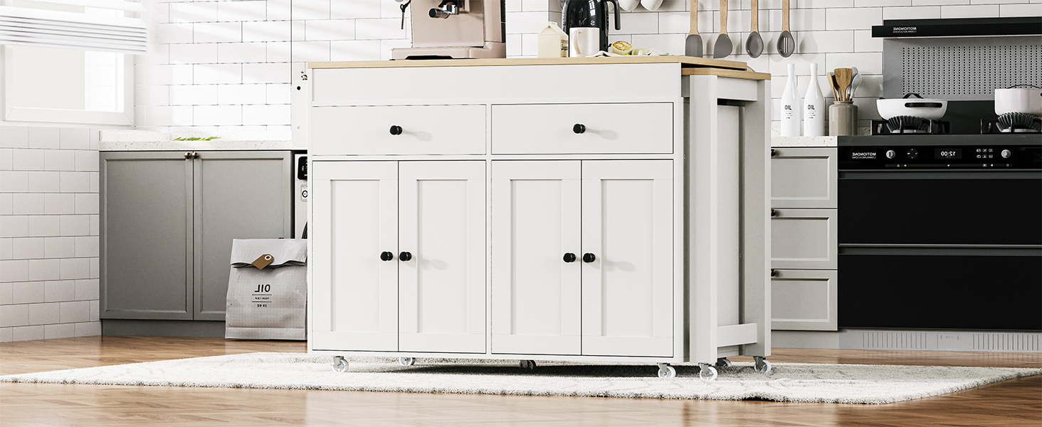 K&K 74.5 inch Kitchen Island with Extendable Dining Table , Rolling Kitchen Island on Wheels with Spice Rack and 2 Drawers,  Kitchen Storage Cart with 4 Door Cabinet, for Kitchen, Dining Room, White