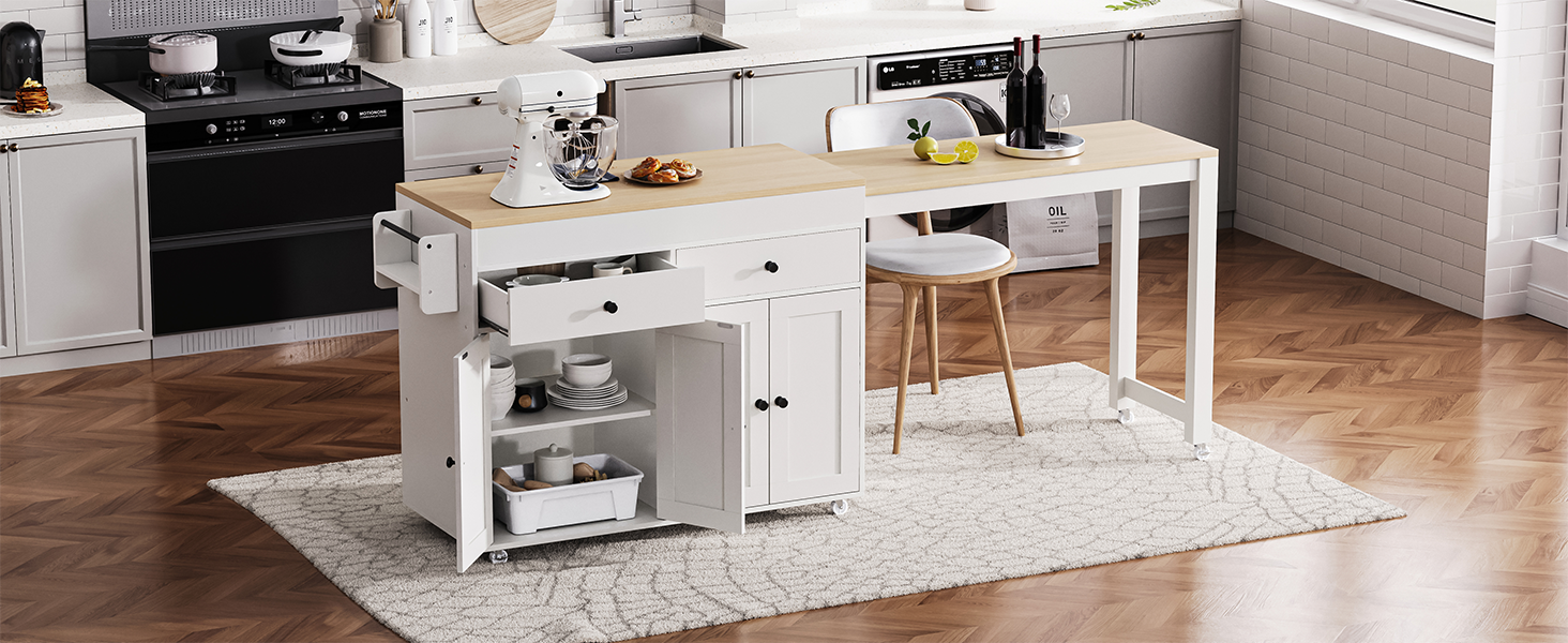 K&K 74.5 inch Kitchen Island with Extendable Dining Table , Rolling Kitchen Island on Wheels with Spice Rack and 2 Drawers,  Kitchen Storage Cart with 4 Door Cabinet, for Kitchen, Dining Room, White