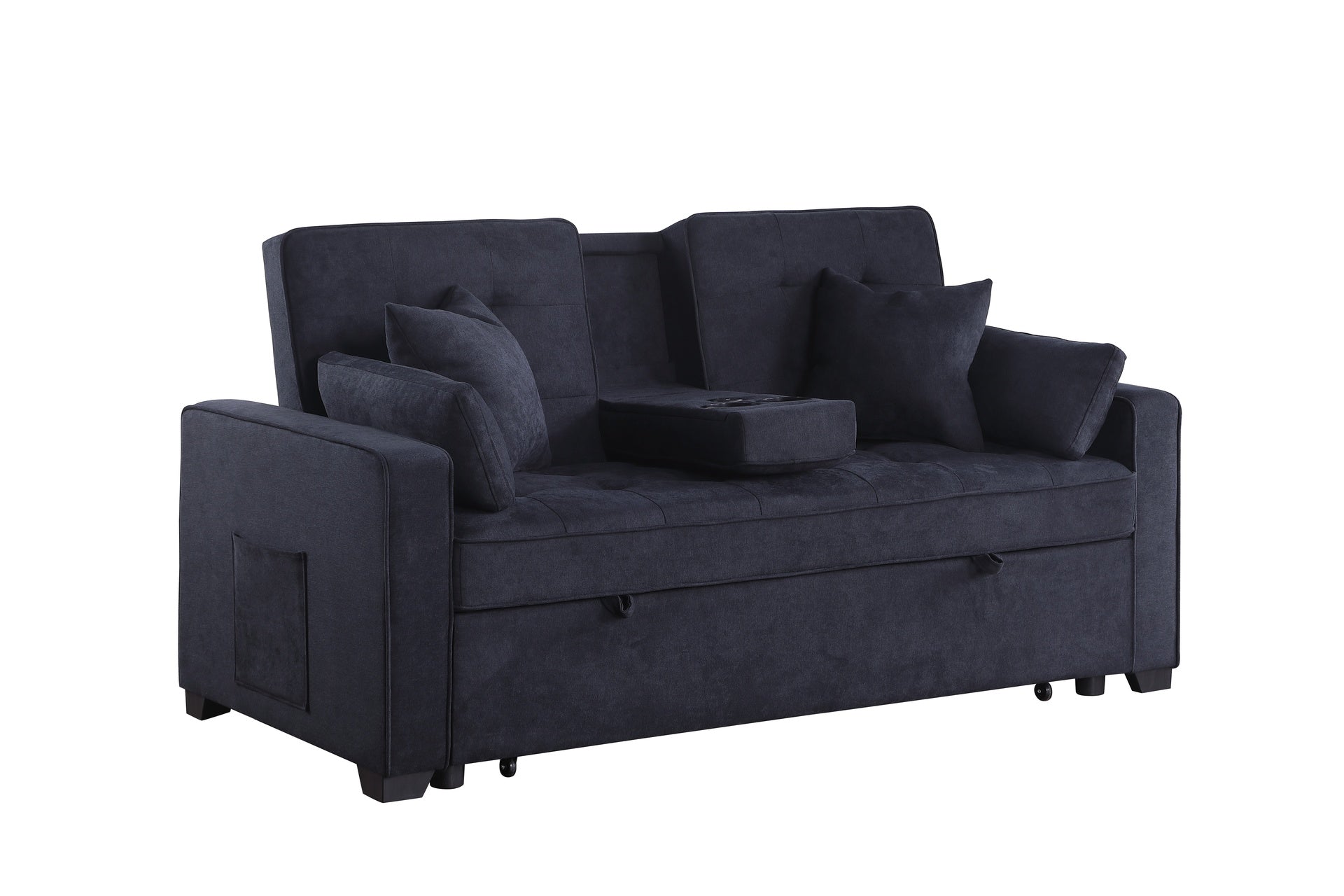 Cody II 70"W Dark Gray Woven Fabric Convertible Sleeper Loveseat with Dropdown Console, Cup Holders, Charging Ports, Pocket, and Pocket Coil Seating
