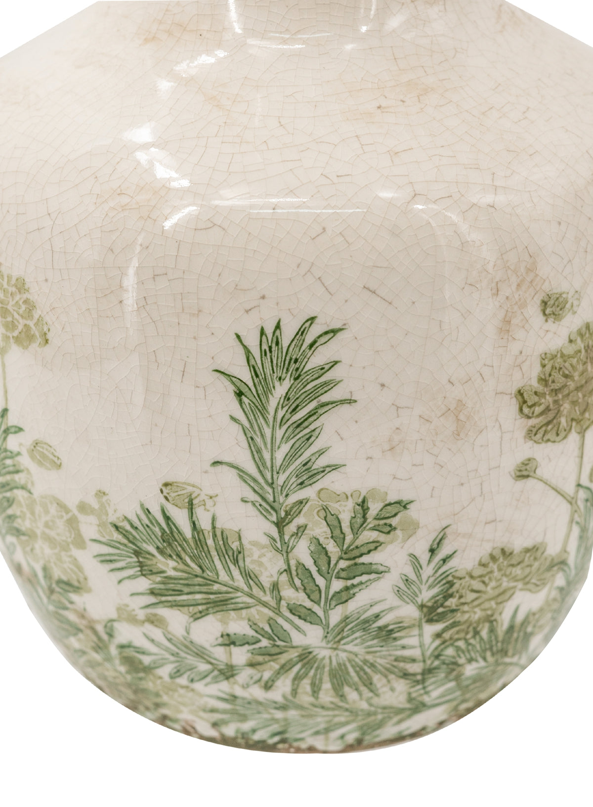6.9x6.9x10" White Ceramic Vase With Green Floral Motif