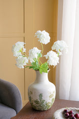 6.9x6.9x10" White Ceramic Vase With Green Floral Motif