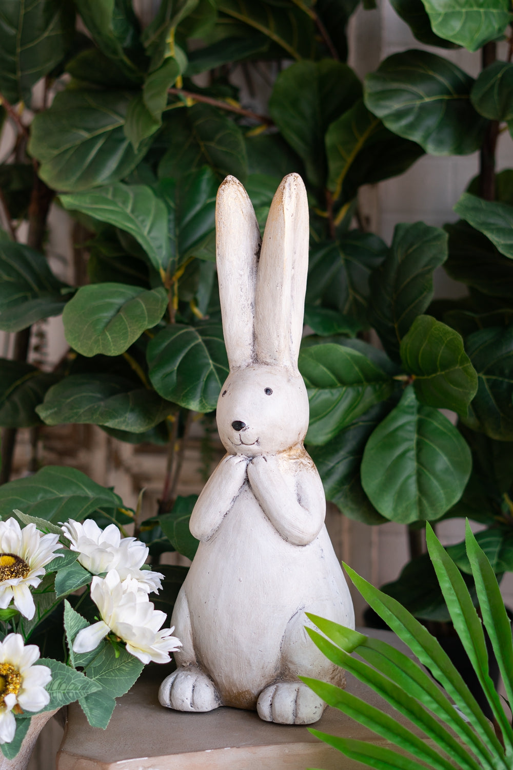 7.5x7x20" Textured White Magnesium Bunny Rabbit with Subtle Gold Details