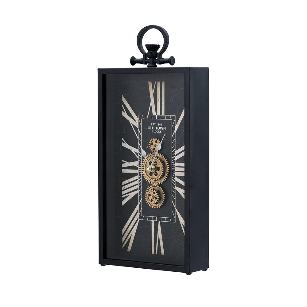 Decorative Black and Gold Roman Numeral Table Clock, Home Decor Gear Clock, 21" x 10"