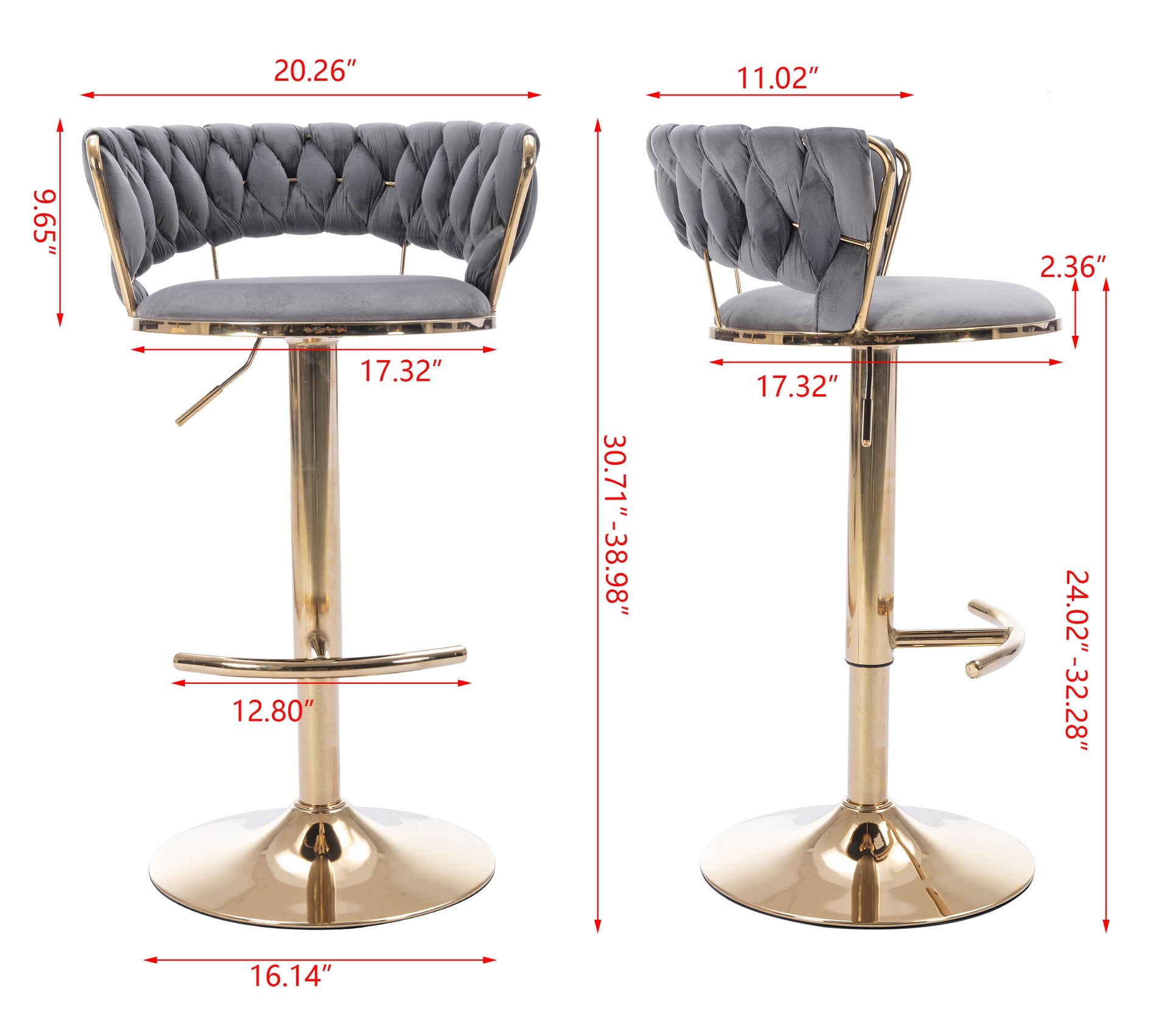 Set of 2  Bar Stools,with Chrome Footrest and Base Swivel Height Adjustable Mechanical Lifting Velvet + Golden Leg Simple Bar Stool-Gray
