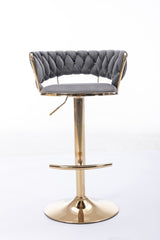 Set of 2  Bar Stools,with Chrome Footrest and Base Swivel Height Adjustable Mechanical Lifting Velvet + Golden Leg Simple Bar Stool-Gray