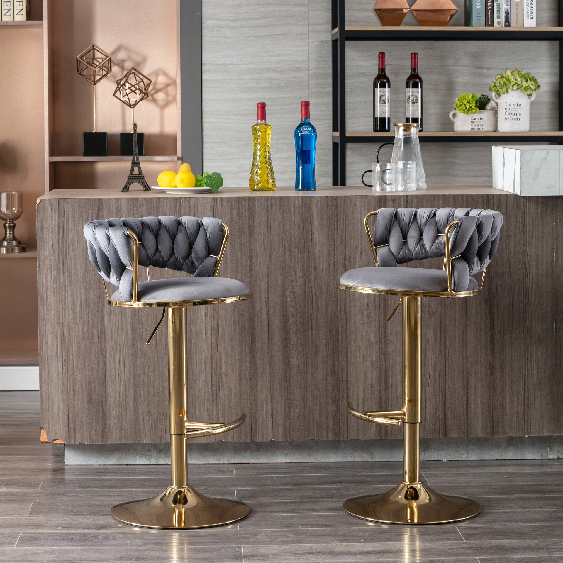 Set of 2  Bar Stools,with Chrome Footrest and Base Swivel Height Adjustable Mechanical Lifting Velvet + Golden Leg Simple Bar Stool-Gray