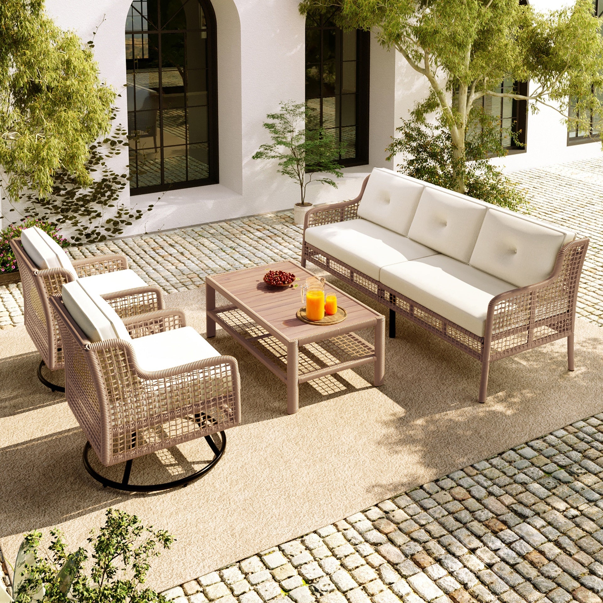 <Old SKU: N704G201247A> 4 Pieces Patio Furniture Set with Swivel Chairs, Outdoor Wicker Sofas for 5-person, Sectional Rattan Outdoor Conversation Set for Poolside Backyard Deck, Beige