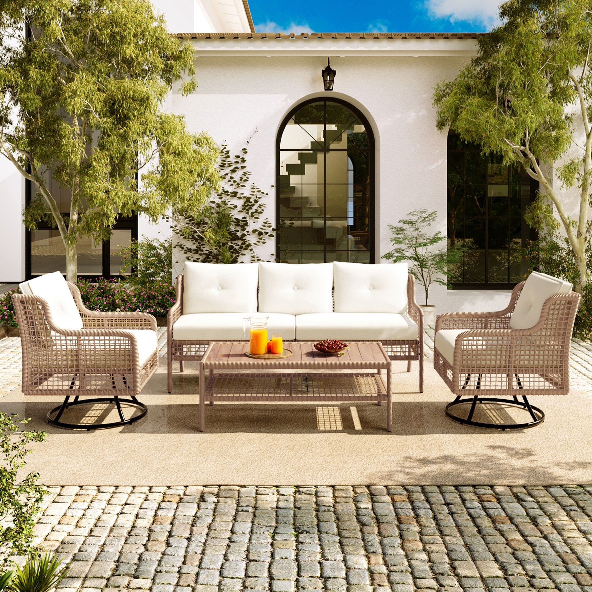 <Old SKU: N704G201247A> 4 Pieces Patio Furniture Set with Swivel Chairs, Outdoor Wicker Sofas for 5-person, Sectional Rattan Outdoor Conversation Set for Poolside Backyard Deck, Beige