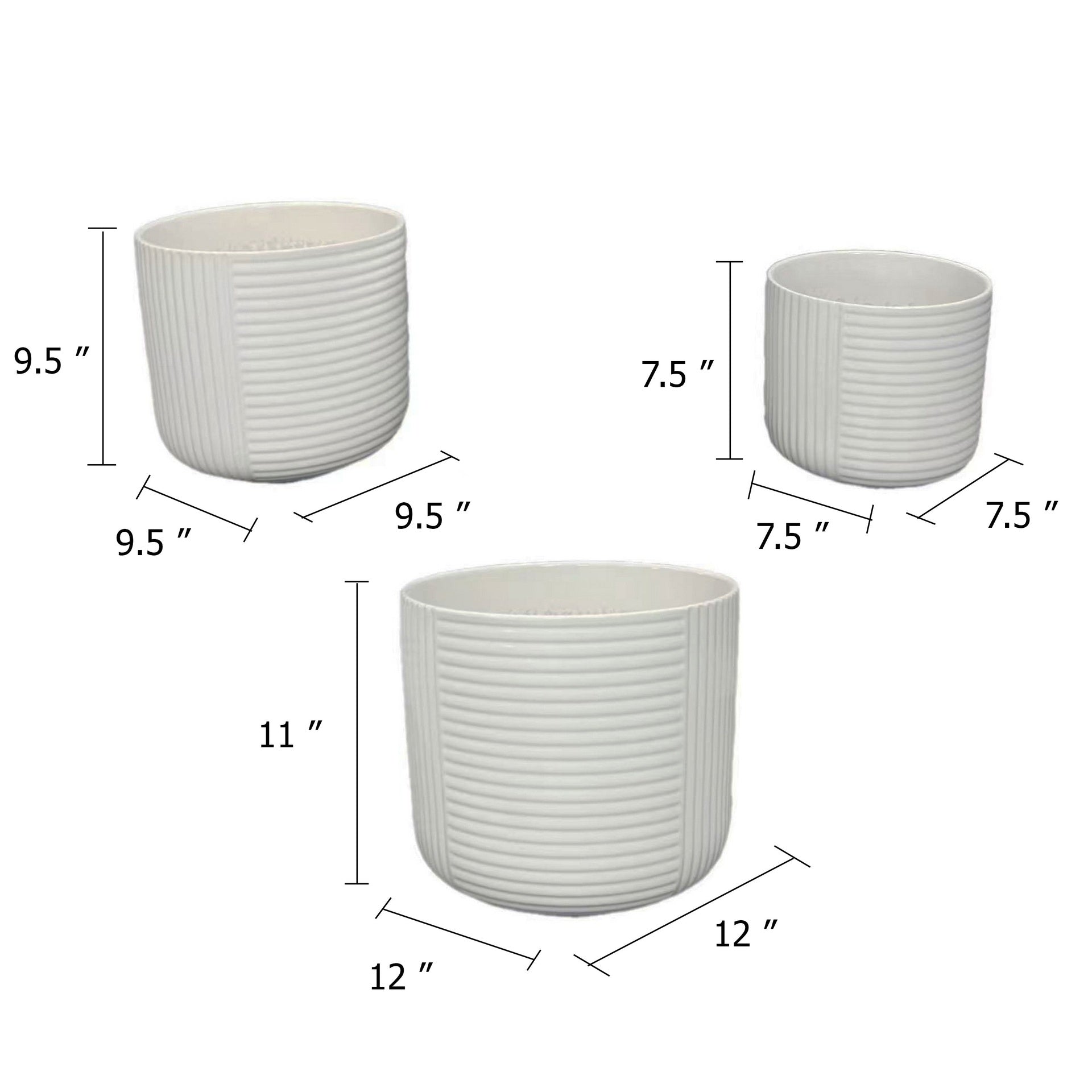 Kena Planter Set of 3, White Ceramic, Ribbed Texture Pots, 12 10 8 Inch
