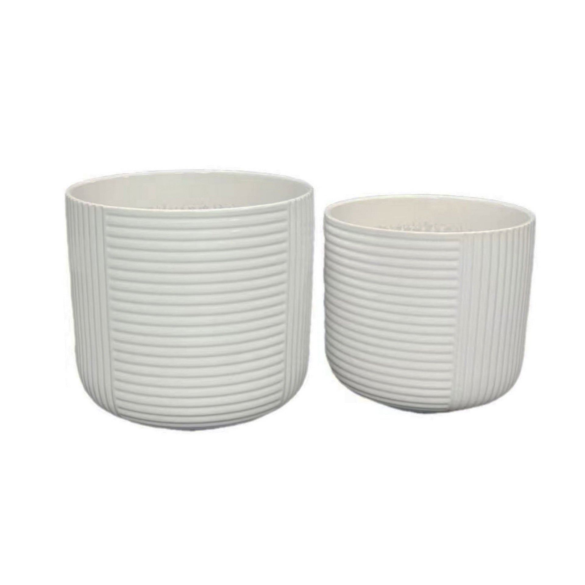 Kena Planter Set of 3, White Ceramic, Ribbed Texture Pots, 12 10 8 Inch