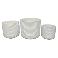 Kena Planter Set of 3, White Ceramic, Ribbed Texture Pots, 12 10 8 Inch