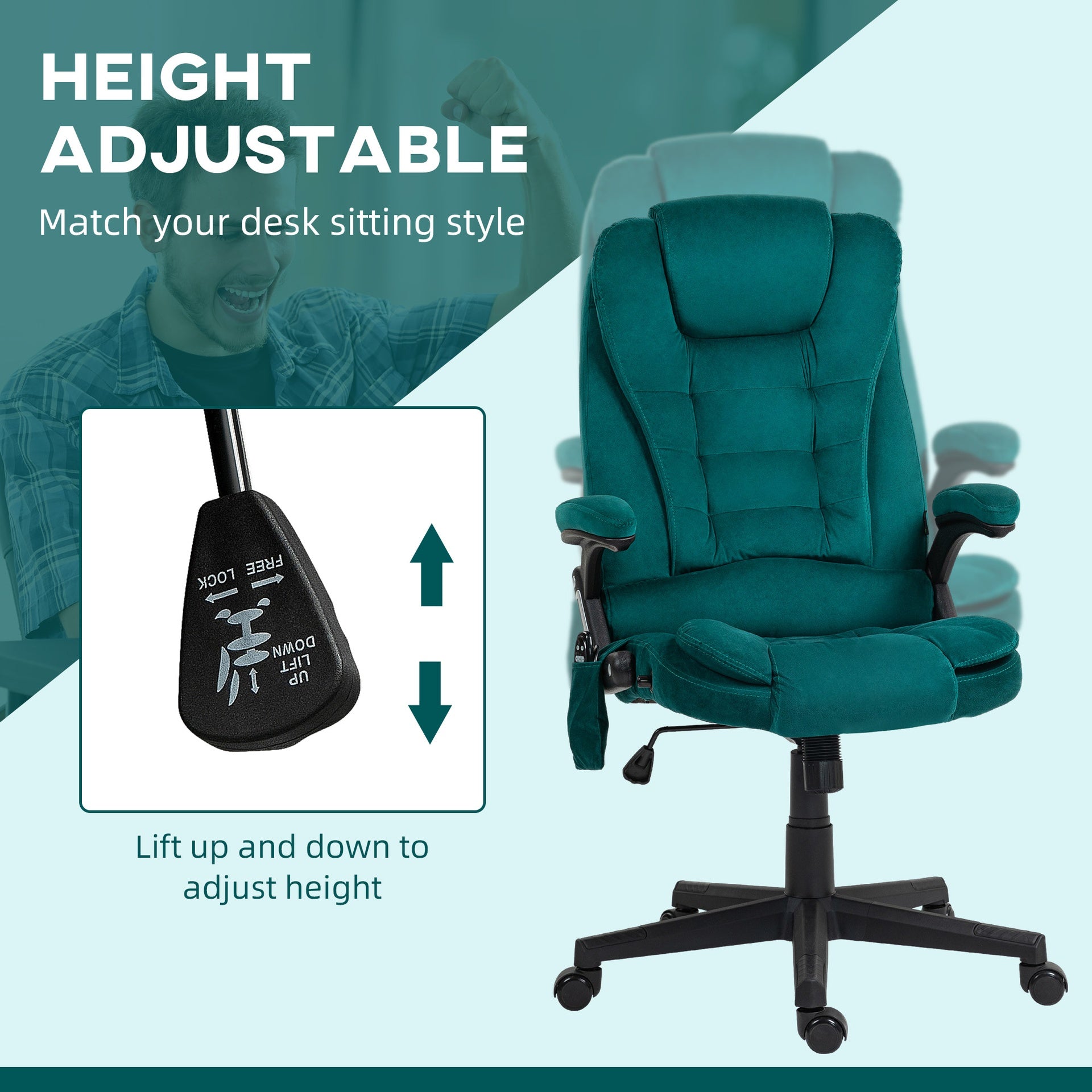 HOMCOM 6 Point Vibrating Massage Office Chair with Heat, Velvet High Back Executive Office Chair with Reclining Backrest, Padded Armrests and Remote, Dark Green