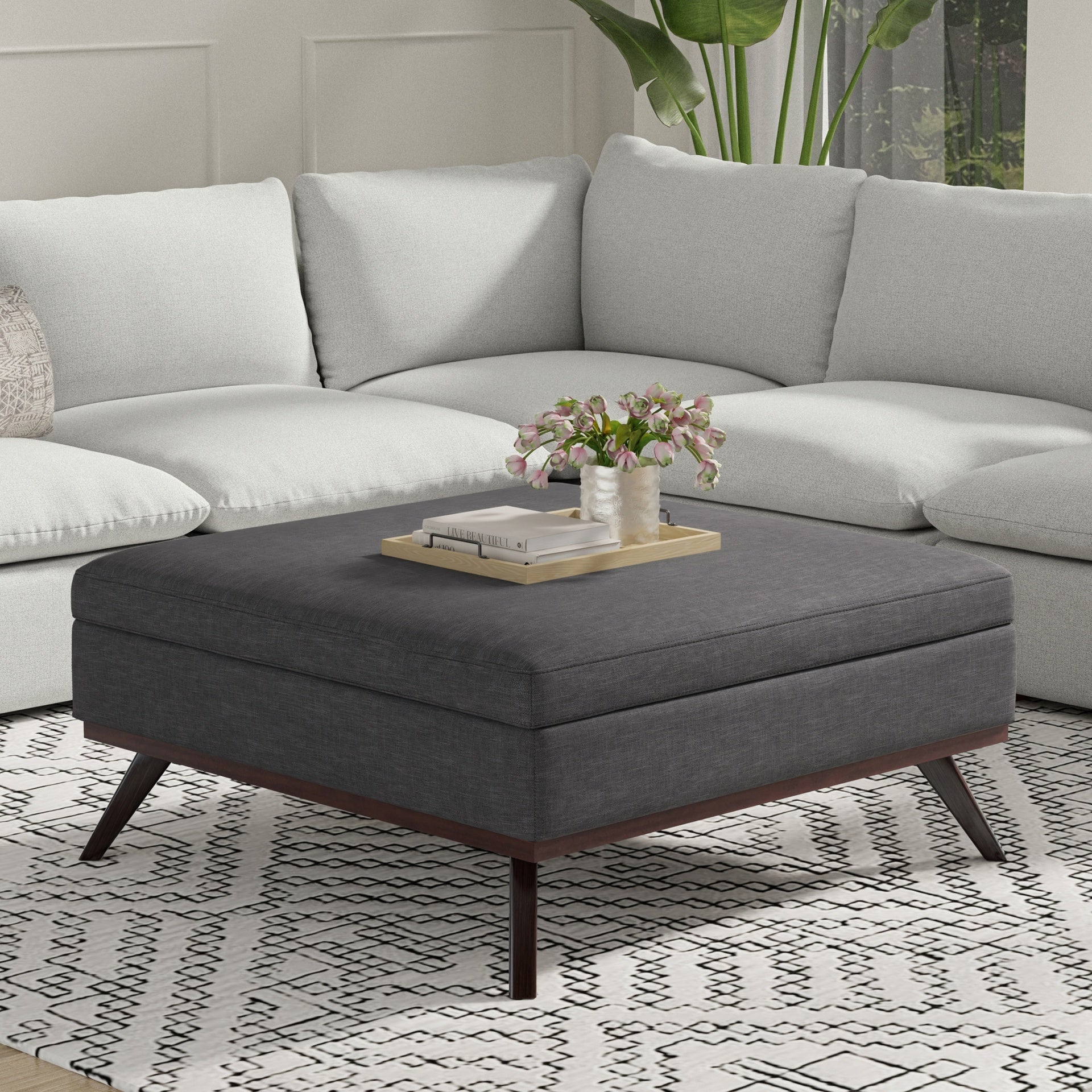 Owen 40 inch Wide XL Square Coffee Table Storage Ottoman in Slate Grey Polyester Fabric