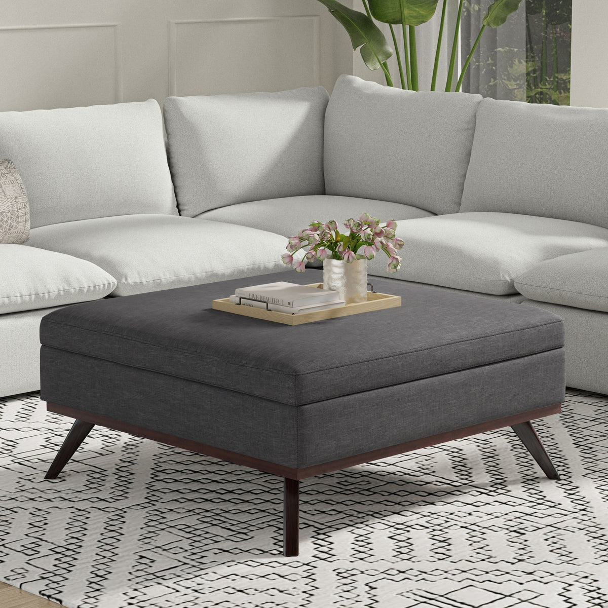Owen 40 inch Wide XL Square Coffee Table Storage Ottoman in Slate Grey Polyester Fabric