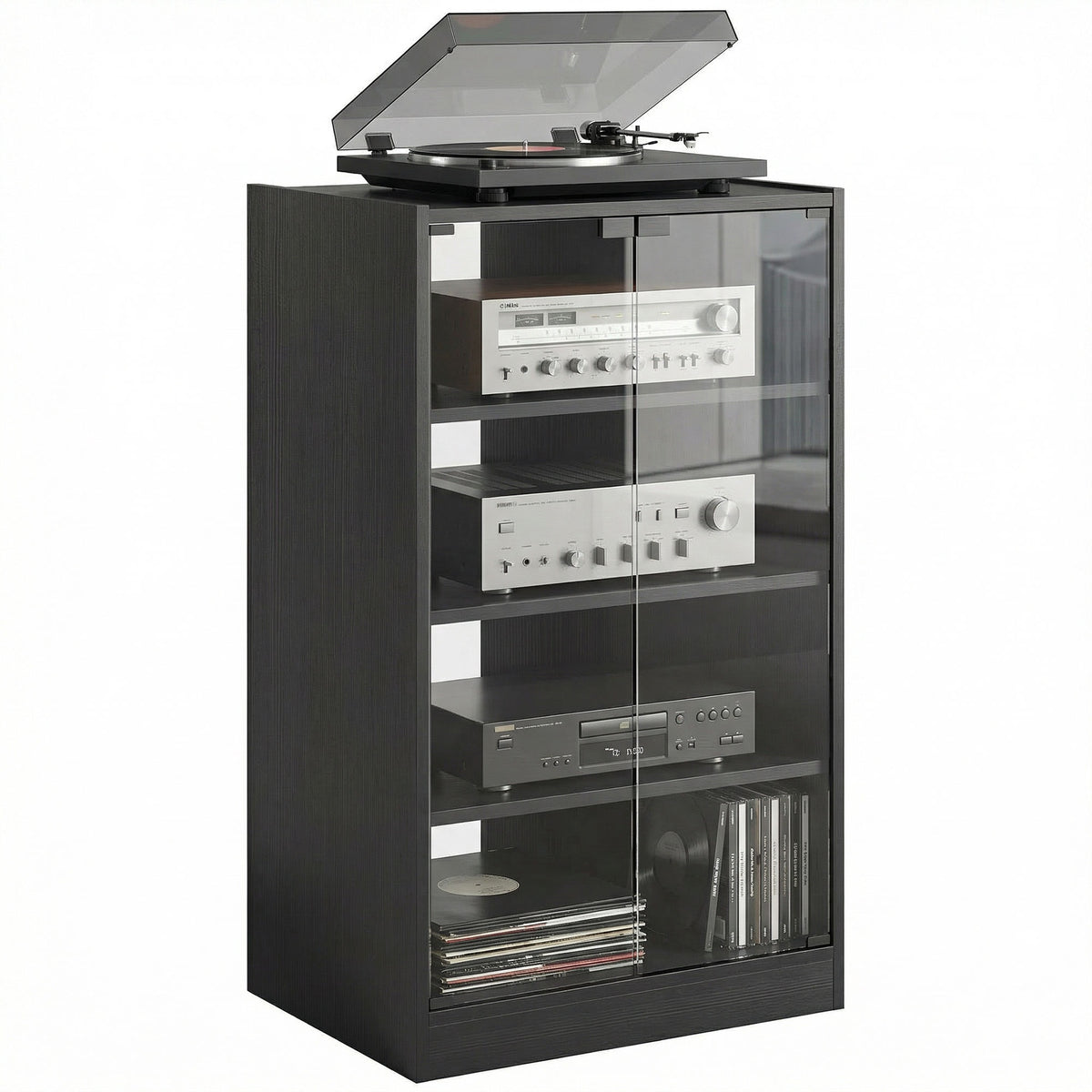 HOMCOM Media Cabinet, 4-Tier Stereo Cabinet for Vinyl Record Player, Gaming Console, AV Record Player Stand with Adjustable Shelves, Push-to-Open Glass Doors and Cable Management, Distressed Black