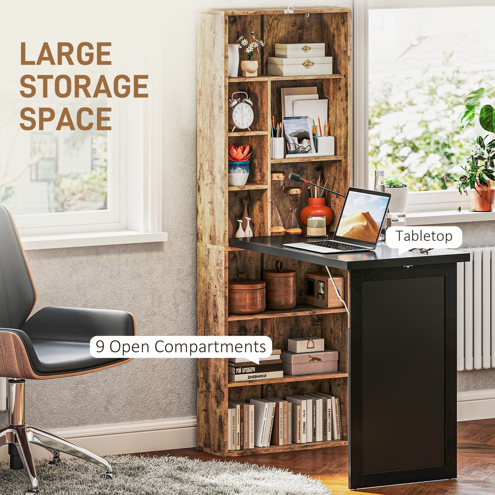 HOMCOM Fold-out Convertible Home Office Desk, Computer Desk with Blackboard and Side Shelf, Rustic Brown