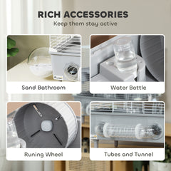 PawHut 2-Tier Hamster Cage with Sand Bathroom, Running Wheel, Water Bottle, Tubes, Accessories, for Dwarf Hamster, Gray