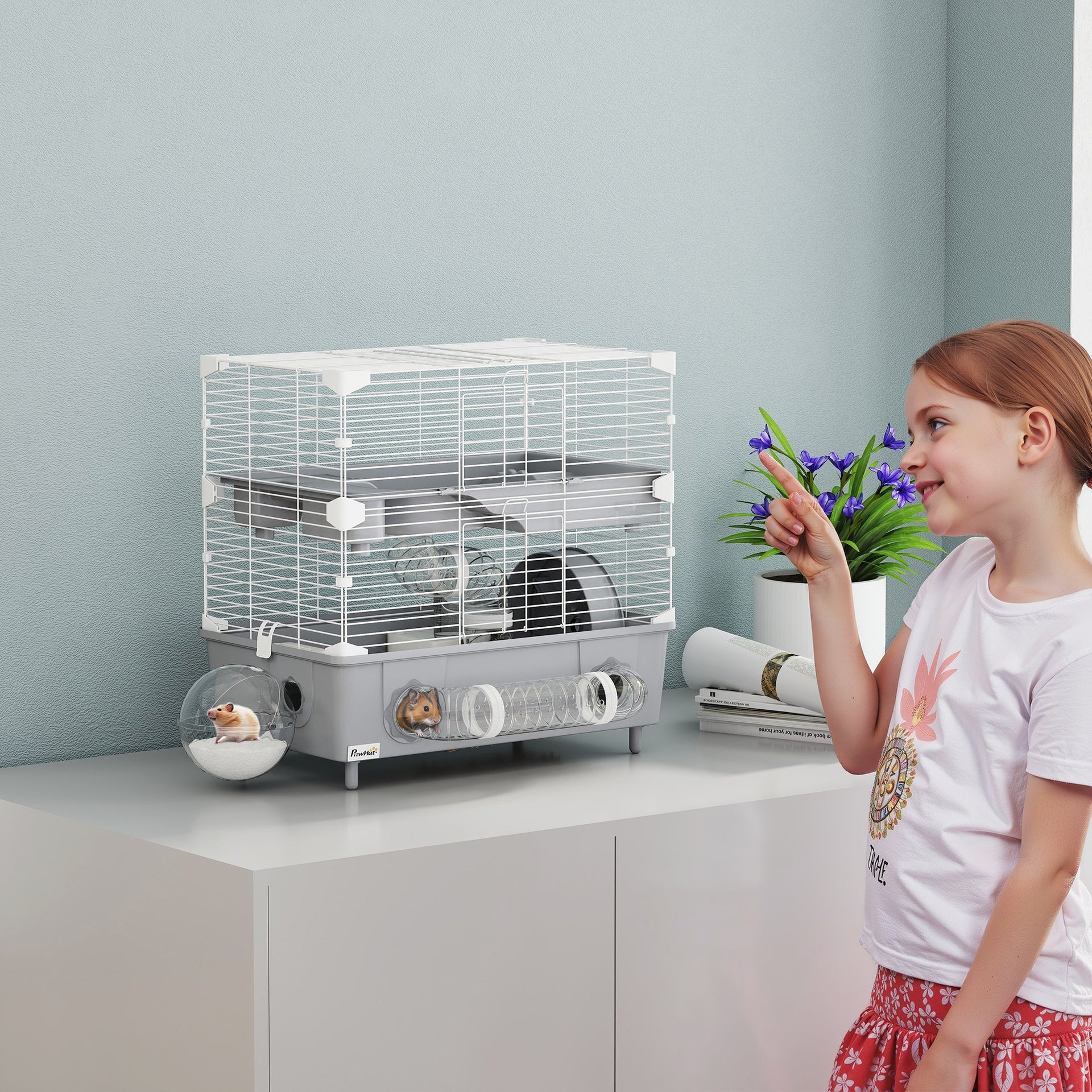 PawHut 2-Tier Hamster Cage with Sand Bathroom, Running Wheel, Water Bottle, Tubes, Accessories, for Dwarf Hamster, Gray
