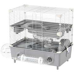 PawHut 2-Tier Hamster Cage with Sand Bathroom, Running Wheel, Water Bottle, Tubes, Accessories, for Dwarf Hamster, Gray