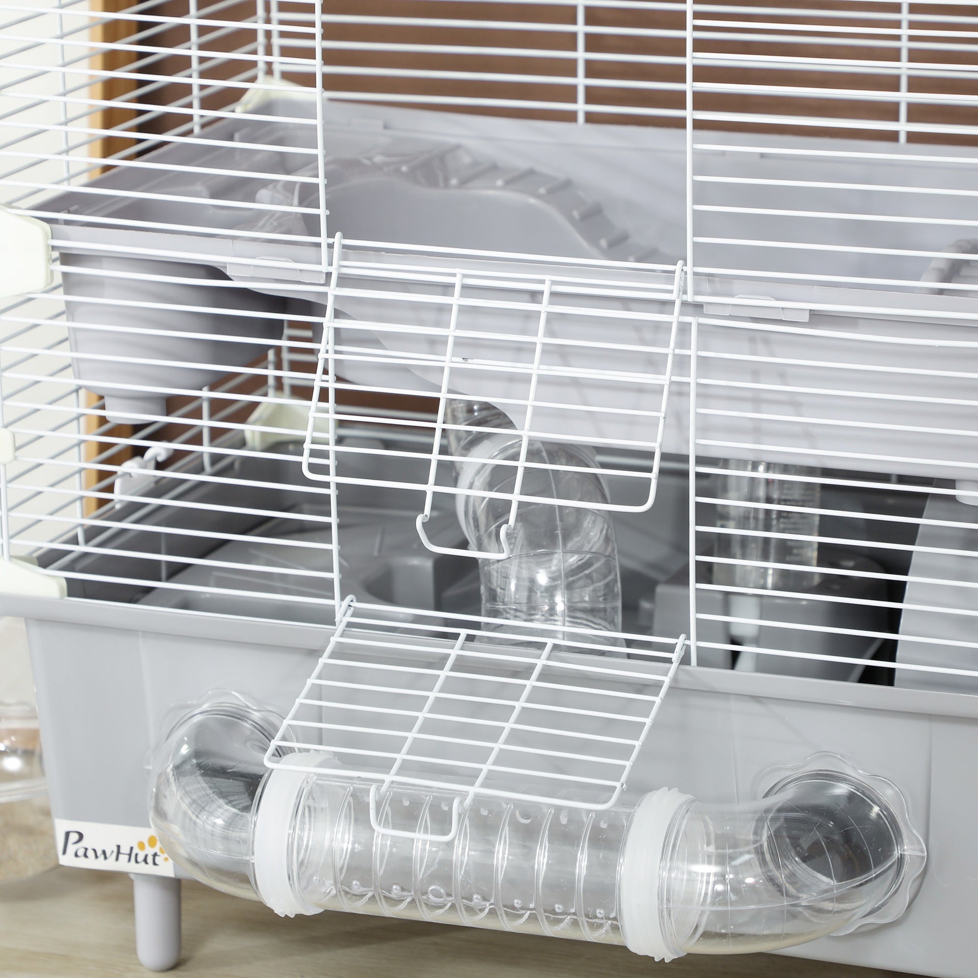 PawHut 2-Tier Hamster Cage with Sand Bathroom, Running Wheel, Water Bottle, Tubes, Accessories, for Dwarf Hamster, Gray