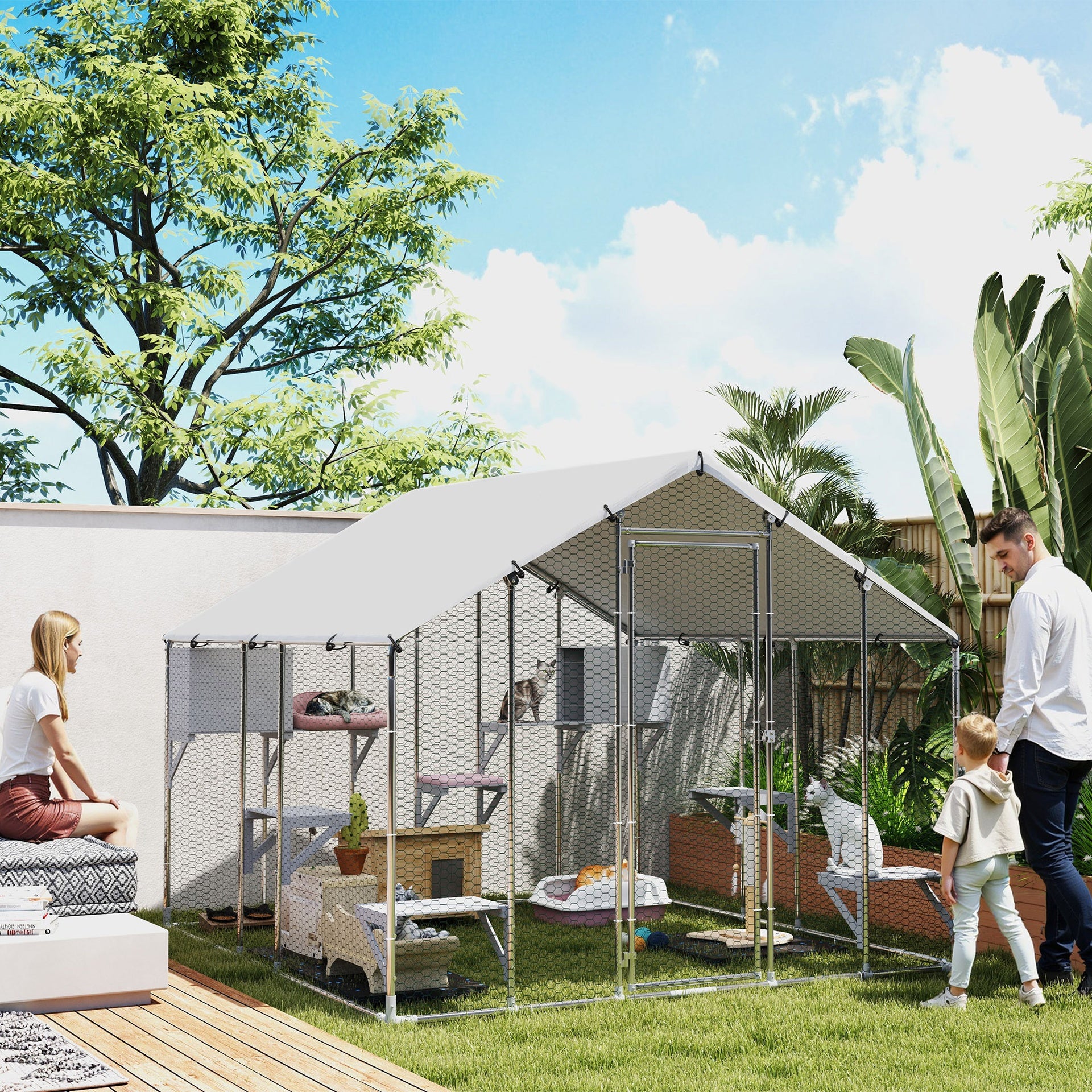 PawHut 95" Extra Large Metal Outdoor Catio with Waterproof Cover, 2 Resting Boxes, 7 Jumping Platforms, for Multiple Cats
