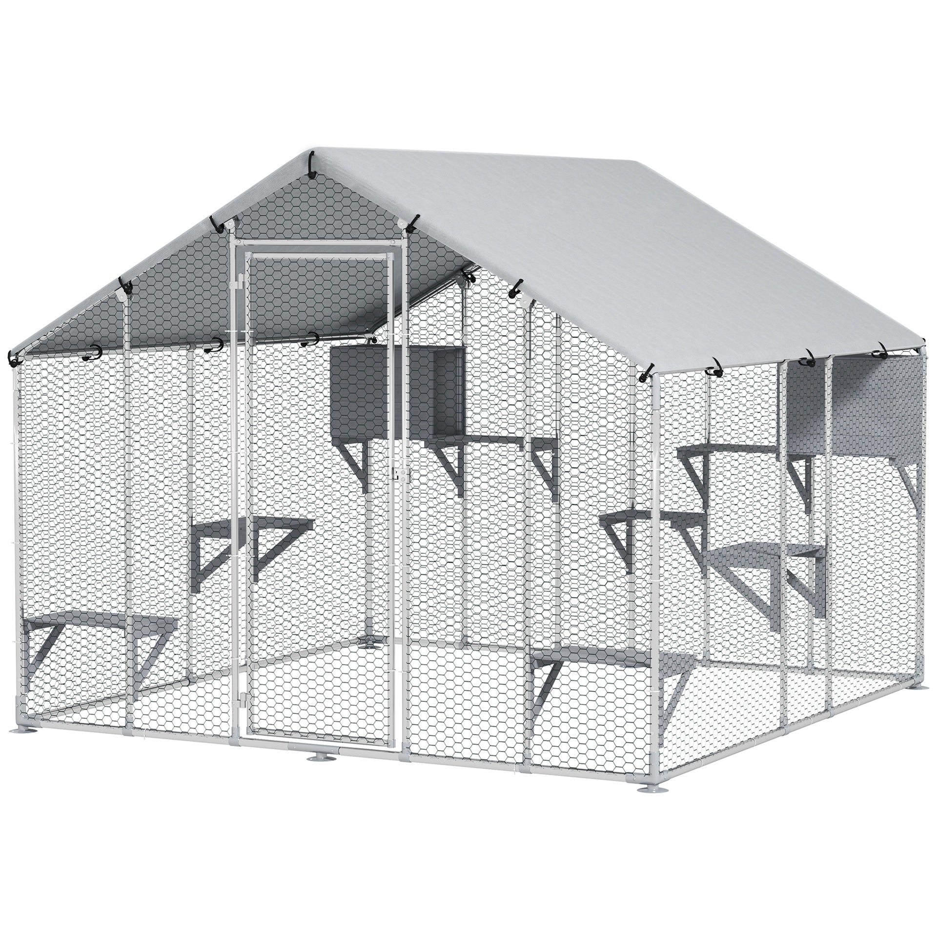 PawHut 95" Extra Large Metal Outdoor Catio with Waterproof Cover, 2 Resting Boxes, 7 Jumping Platforms, for Multiple Cats
