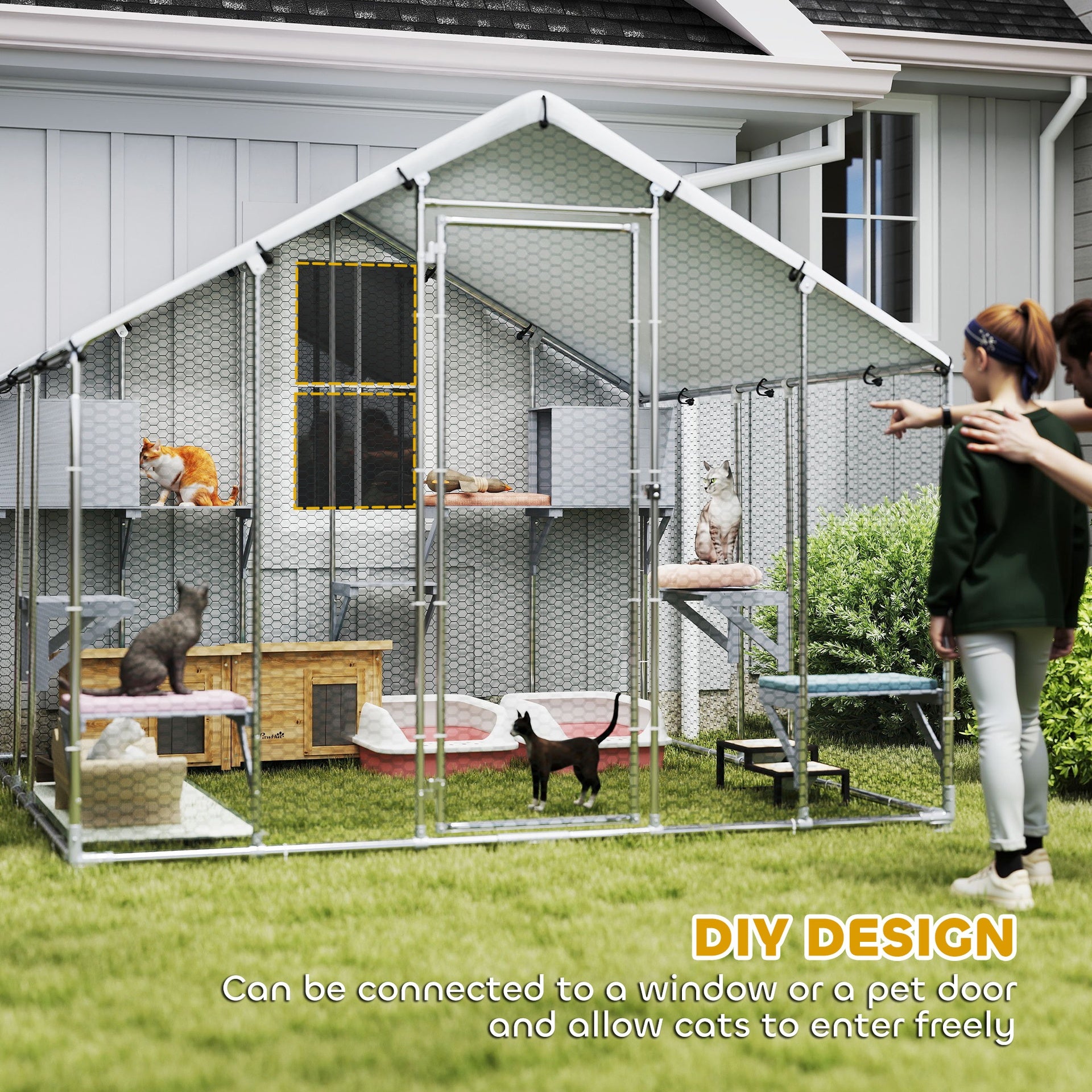 PawHut 95" Extra Large Metal Outdoor Catio with Waterproof Cover, 2 Resting Boxes, 7 Jumping Platforms, for Multiple Cats