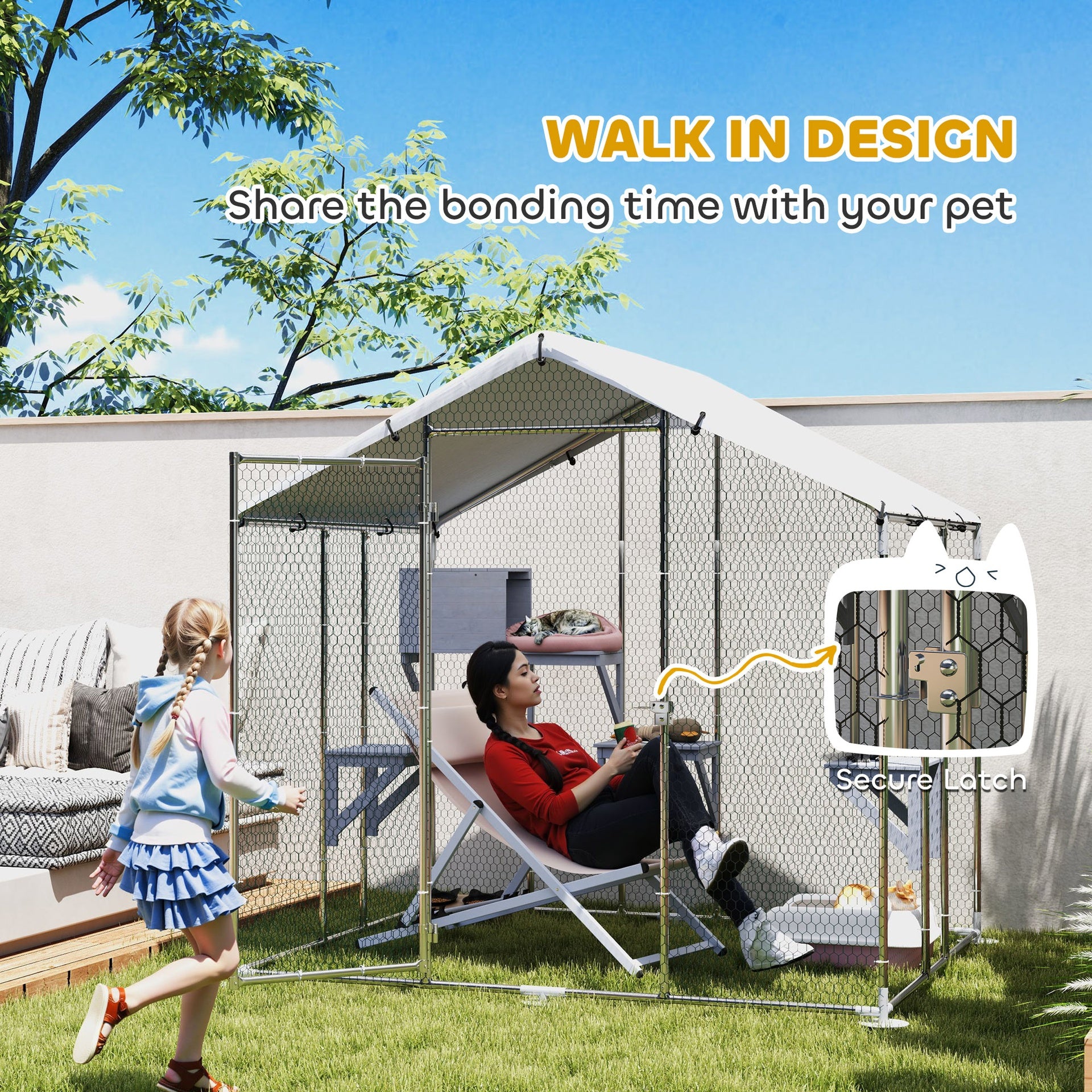 PawHut 95" Extra Large Metal Outdoor Catio with Waterproof Cover, 2 Resting Boxes, 7 Jumping Platforms, for Multiple Cats