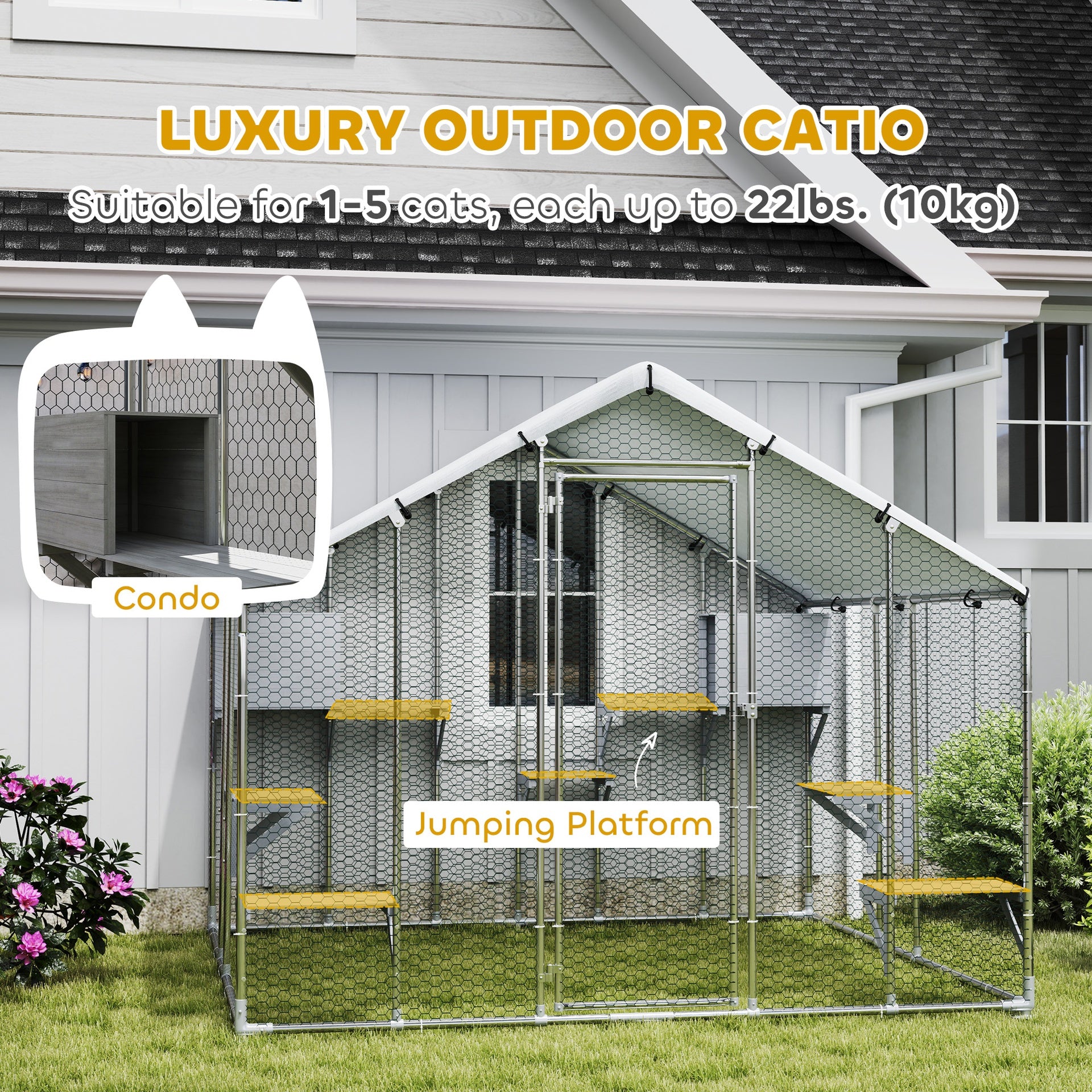 PawHut 95" Extra Large Metal Outdoor Catio with Waterproof Cover, 2 Resting Boxes, 7 Jumping Platforms, for Multiple Cats