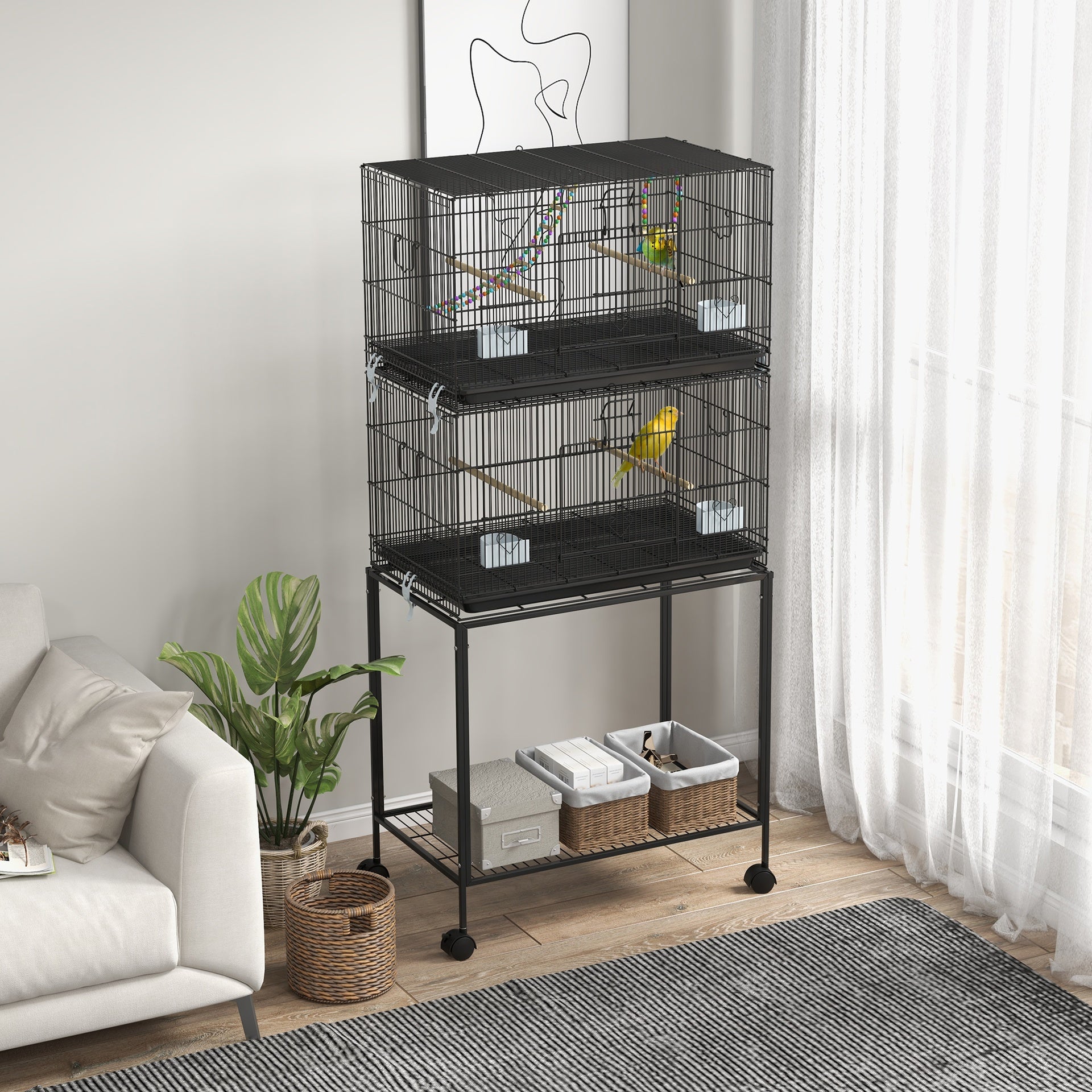 PawHut Double Stackable Bird Cage on Wheels w/ Stand, for Canaries