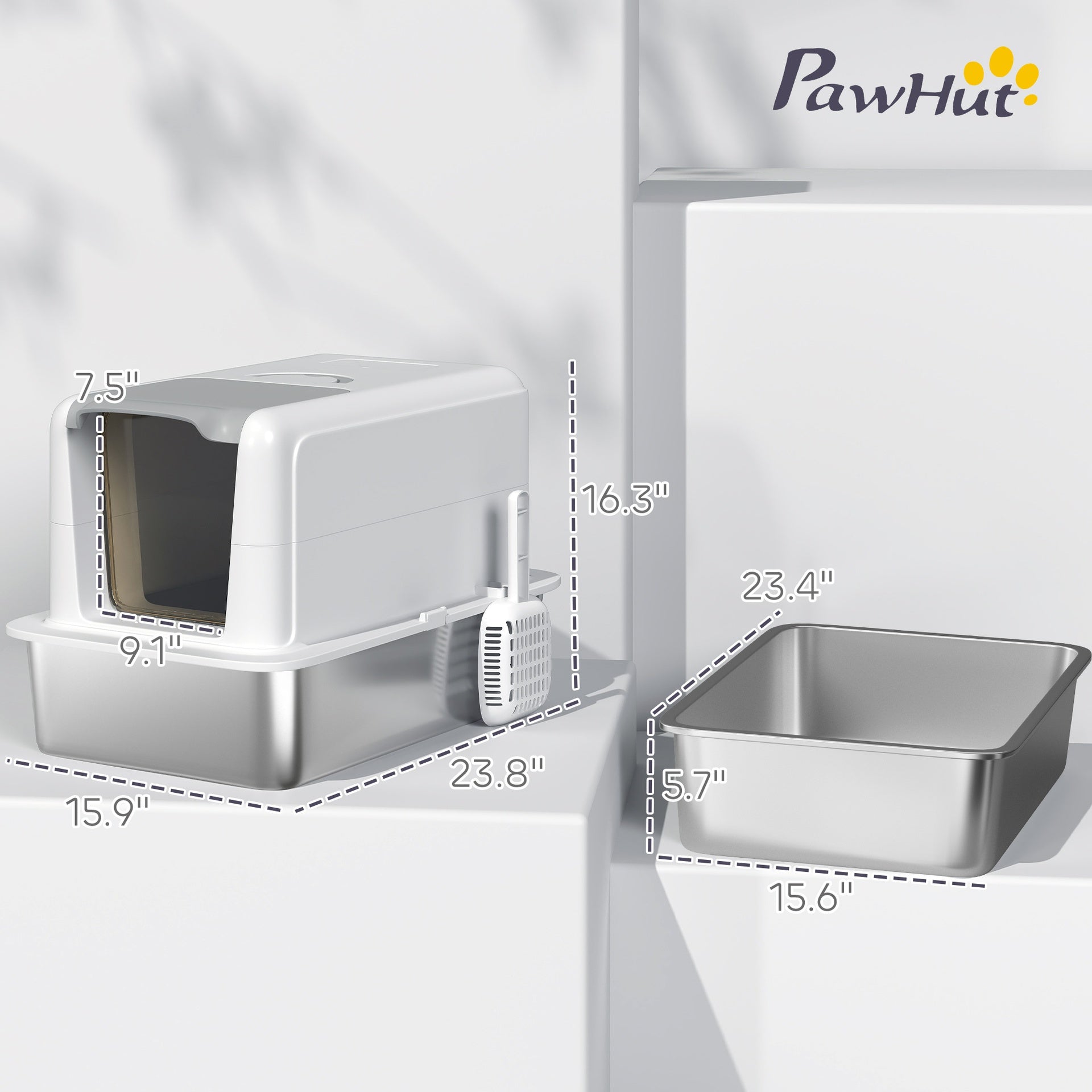 PawHut 2 in 1 Stainless Steel Cat Litter Box with Removable Lid, Scoop, Filter Bags, for Small to Large Cats, White